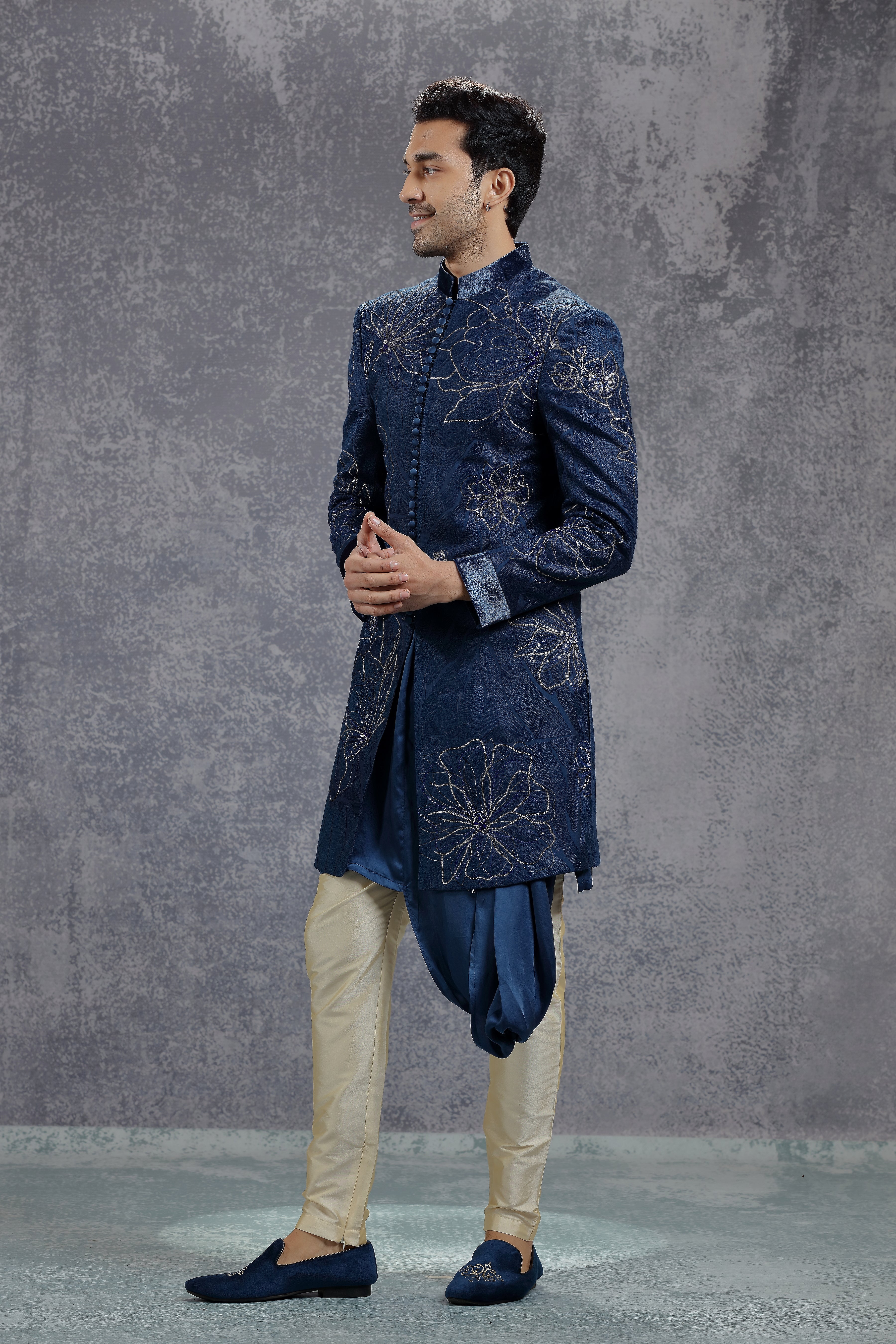 Dark Blue Velvet Jacket with Flower Embroidery - Shreeman