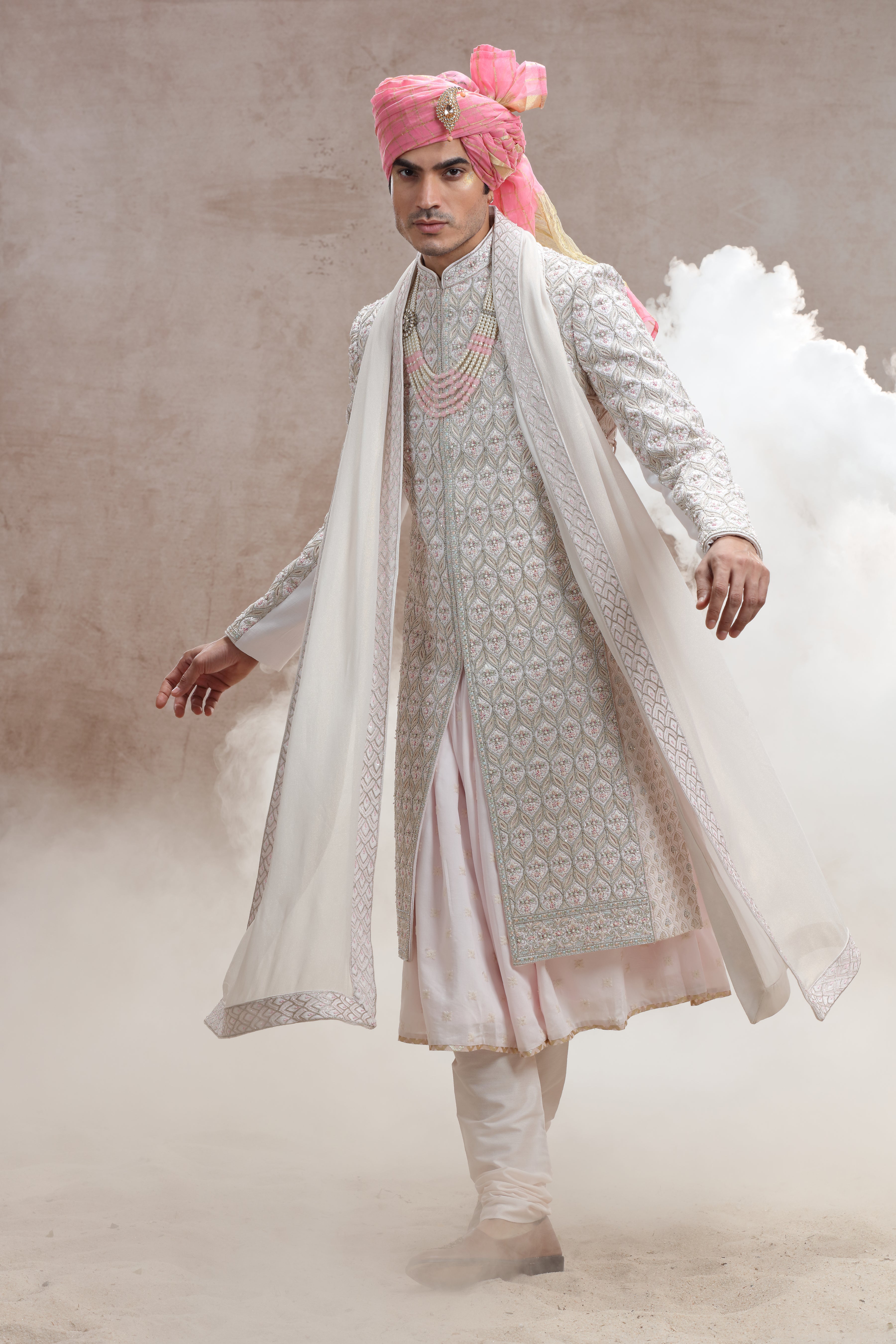 Champagne Silk Sherwani with Cut Work, Beads & Sequins