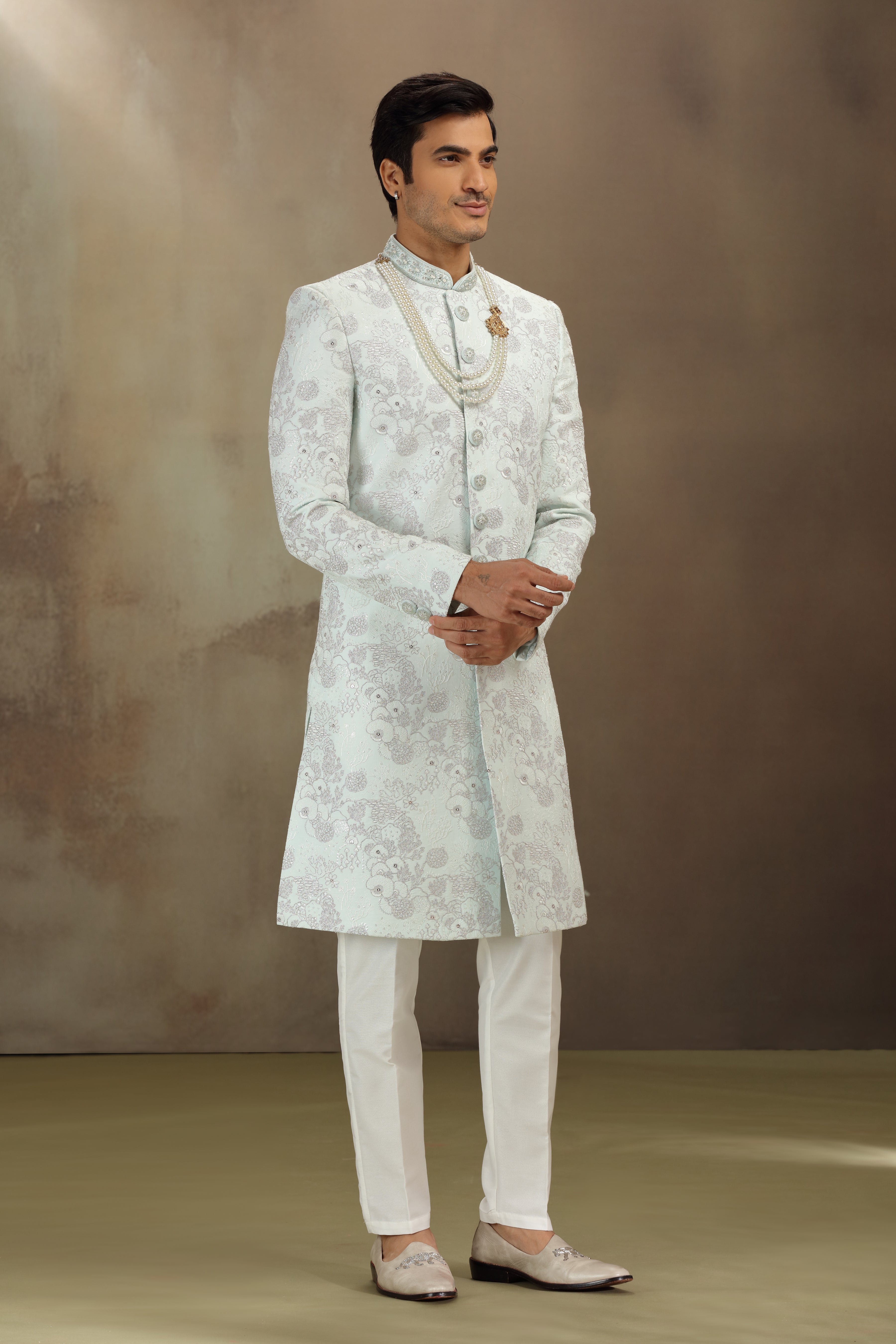 Sea Green Silk Wedding Sherwani with Resham and Dori Work