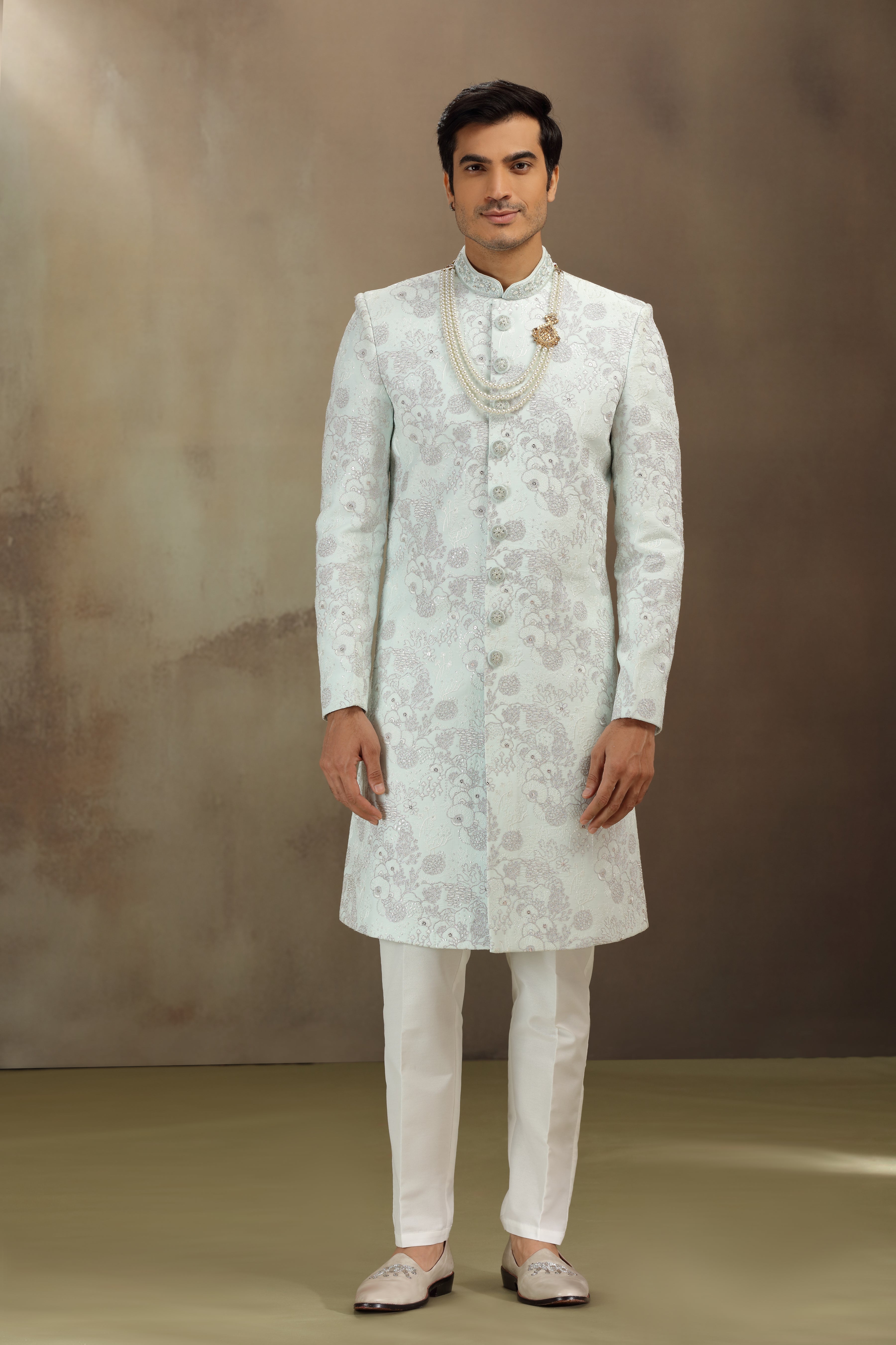 Sea Green Silk Wedding Sherwani with Resham and Dori Work