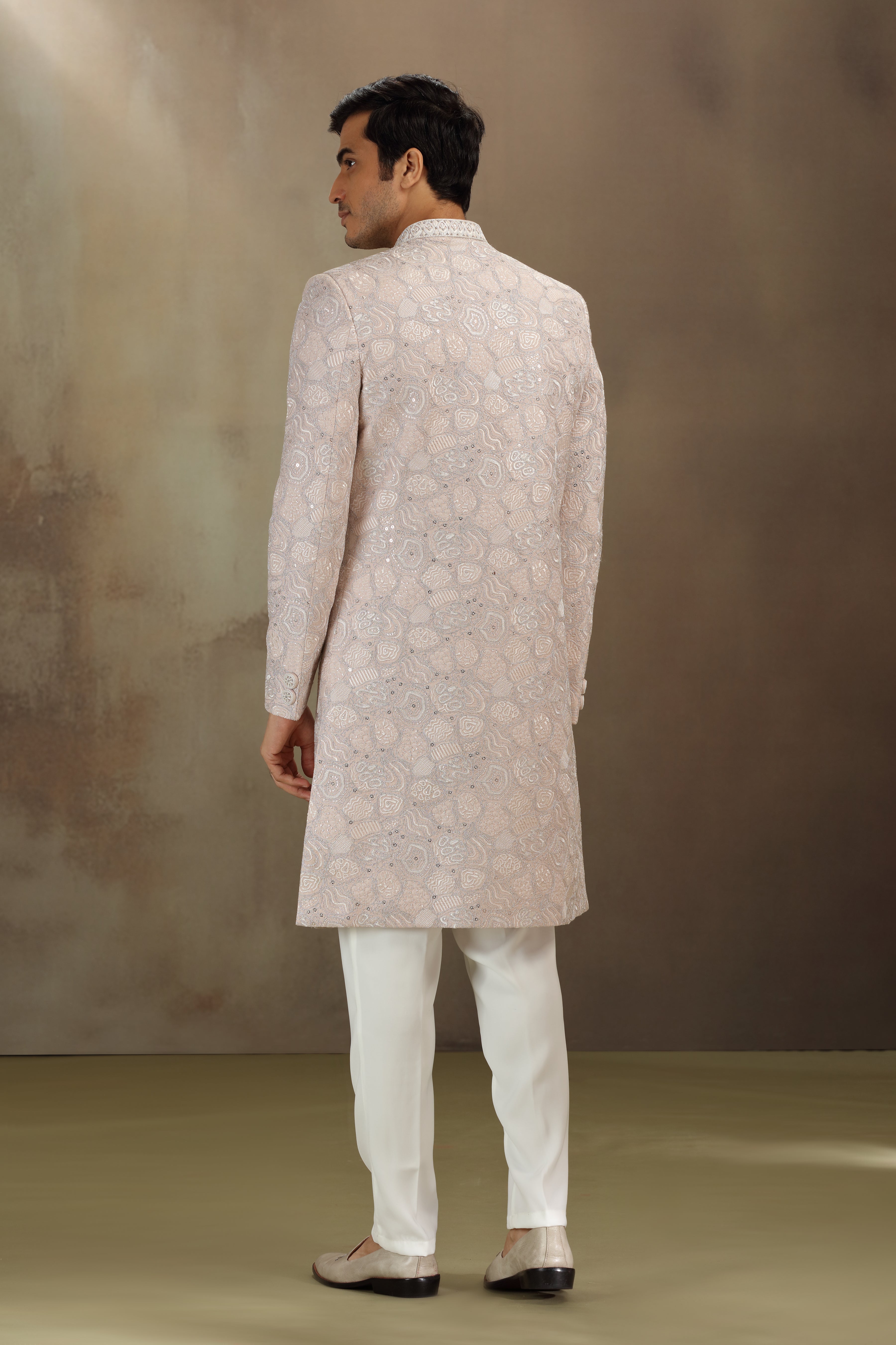 Onion Pink Silk Sherwani with Dori Sequins Work