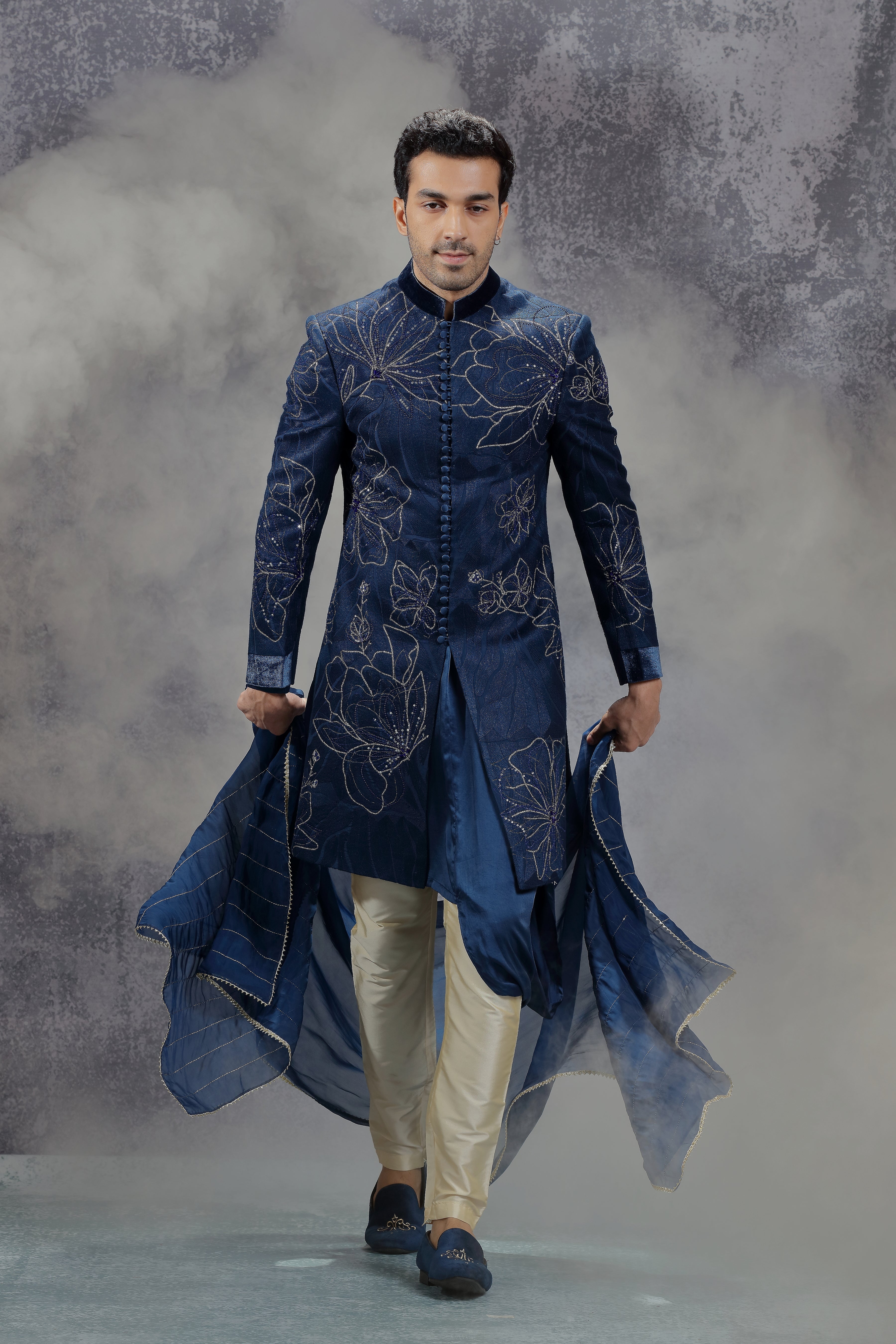 Dark Blue Velvet Jacket with Flower Embroidery - Shreeman