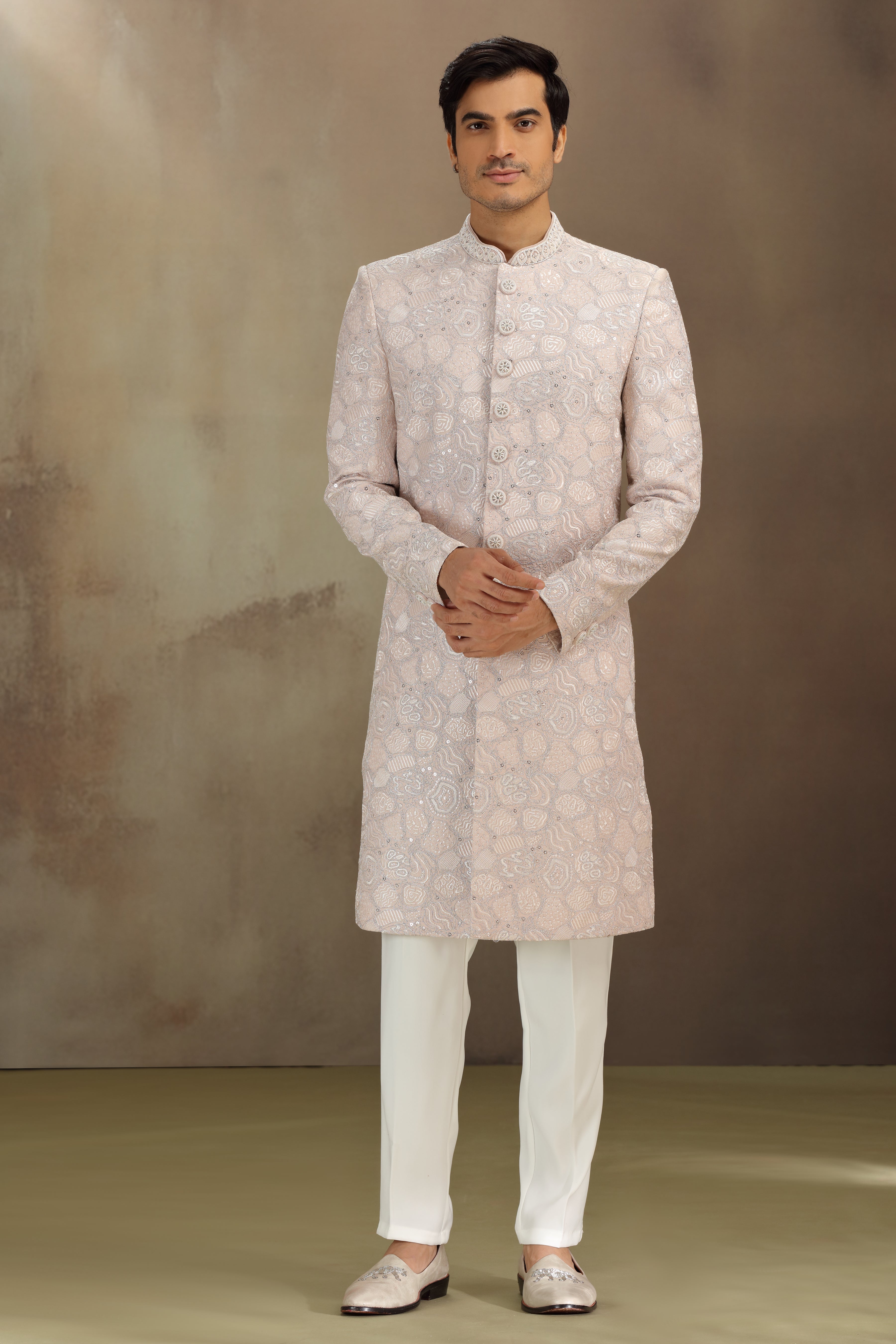 Onion Pink Silk Sherwani with Dori Sequins Work