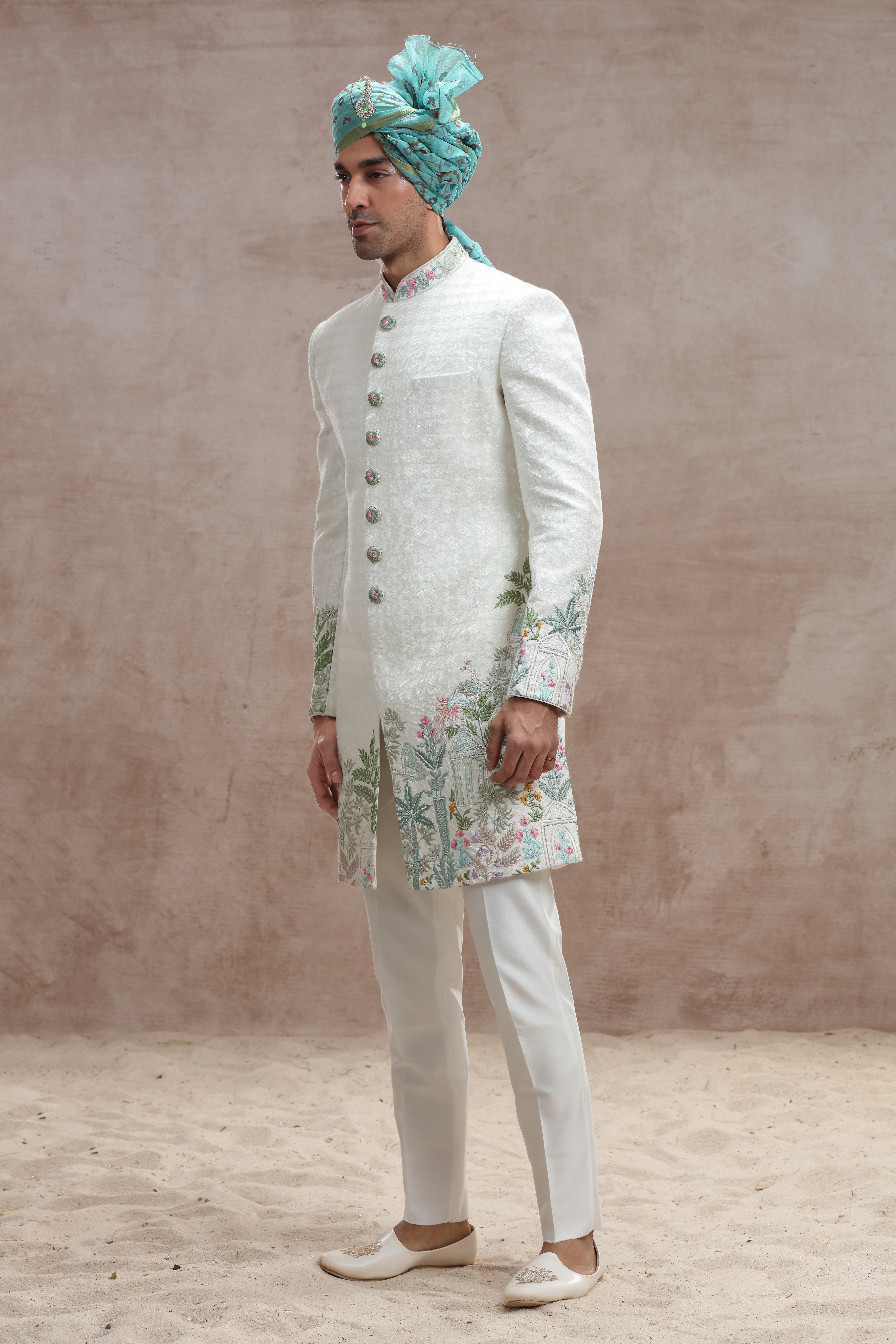 Ivory Silk Indo Western with Jungle-Themed Thread Work