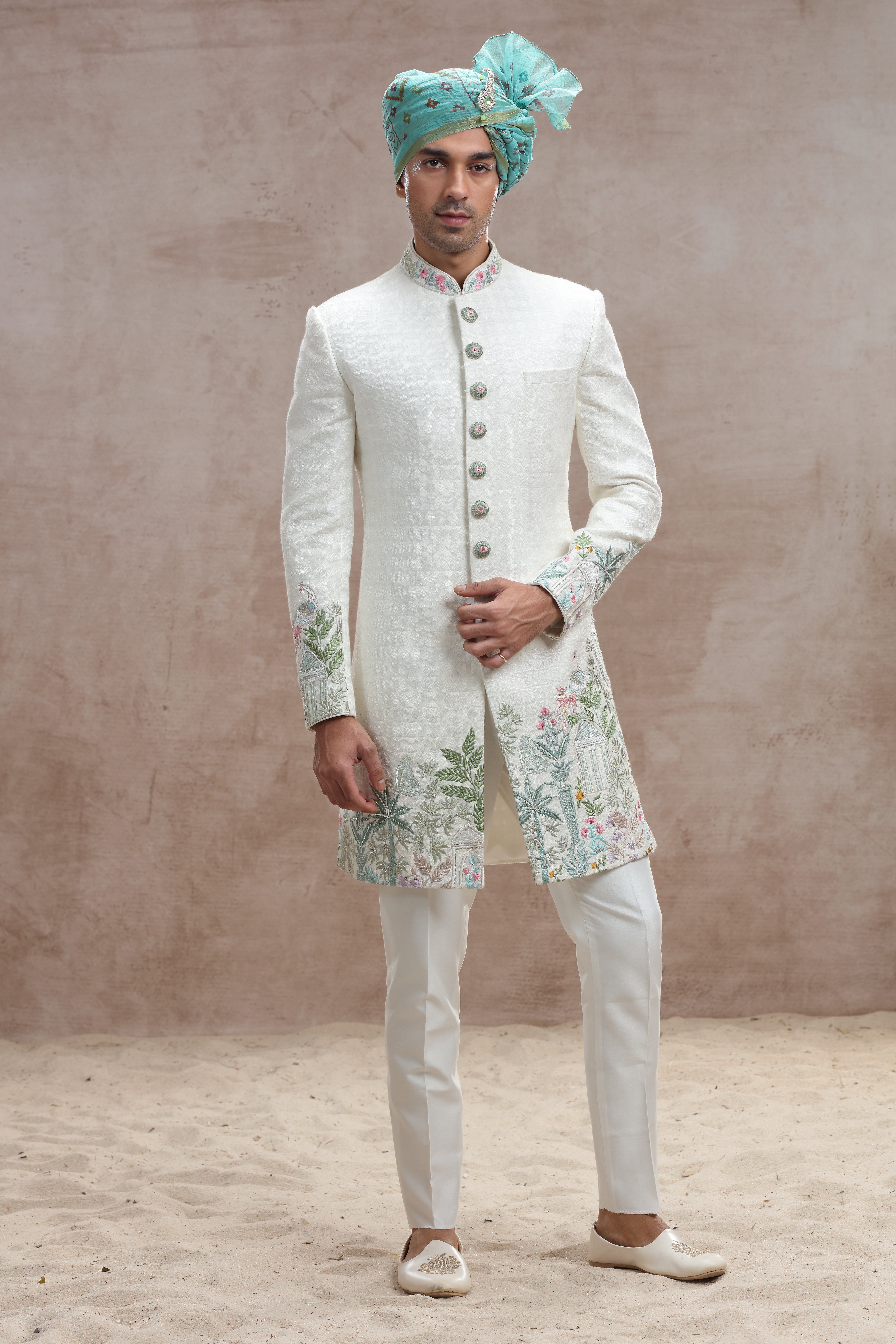 Ivory Silk Indo Western with Jungle-Themed Thread Work