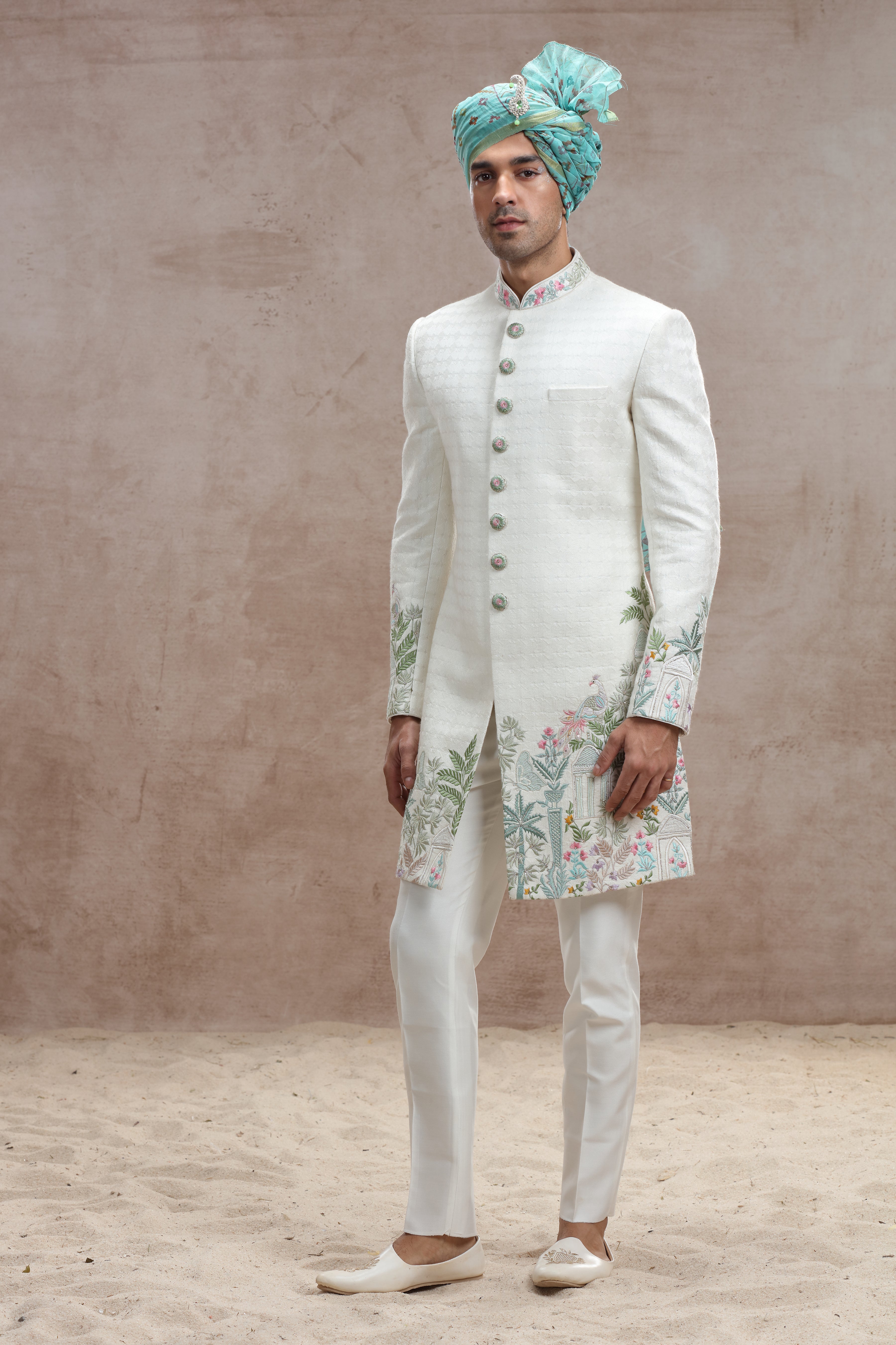 Ivory Silk Indo Western with Jungle-Themed Thread Work