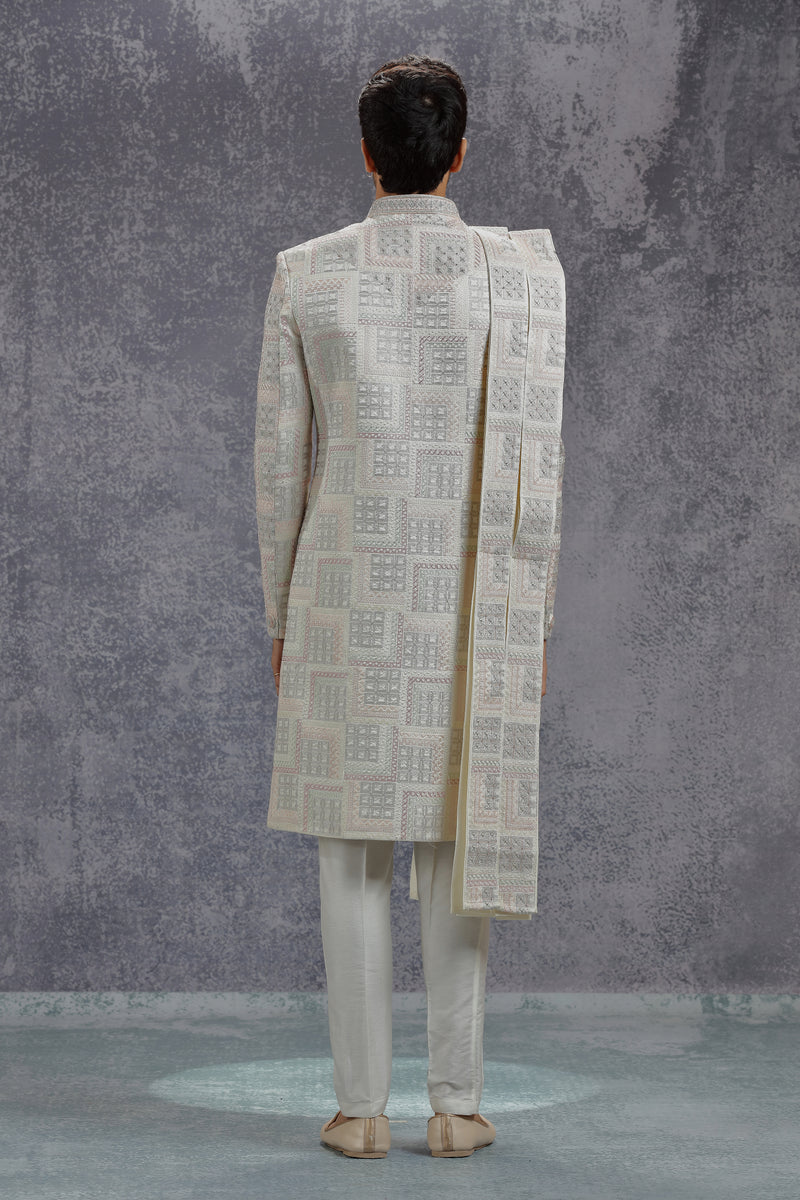 Pastel Silk Sherwani With Resham Geometric Motifs