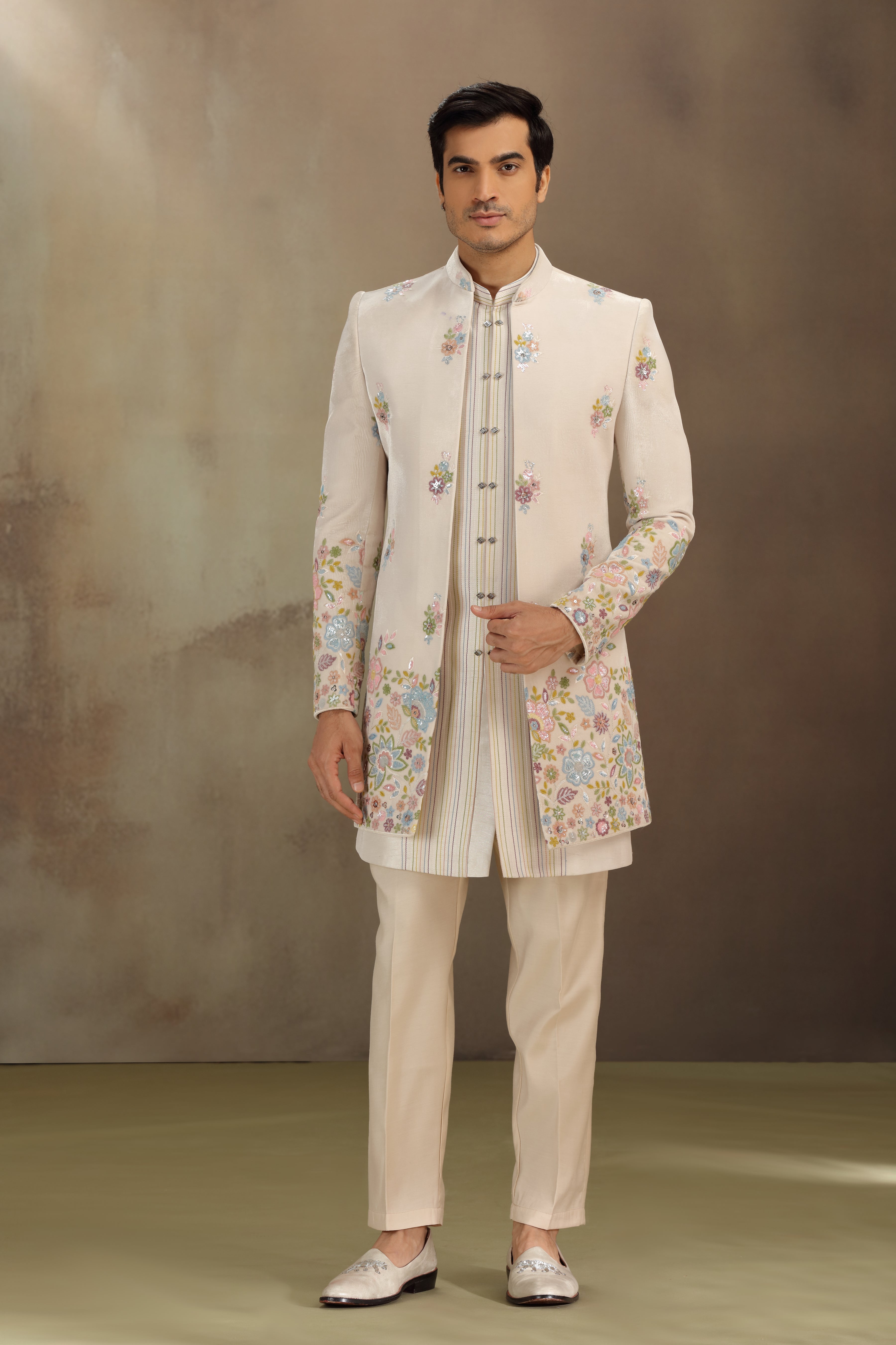 Buy Cream Silk Indo Western with Resham & Sequins Work | Shreeman (S) 36 / Cream Buy Cream Silk Indo Western with Resham & Sequins Work | Shreeman (S) 36 / Cream