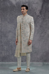 Pastel Silk Sherwani With Resham Geometric Motifs