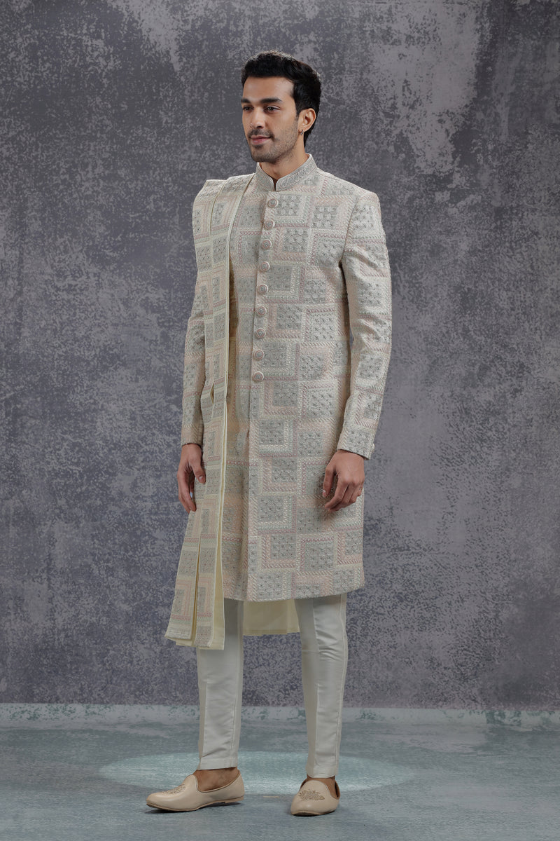 Pastel Silk Sherwani With Resham Geometric Motifs