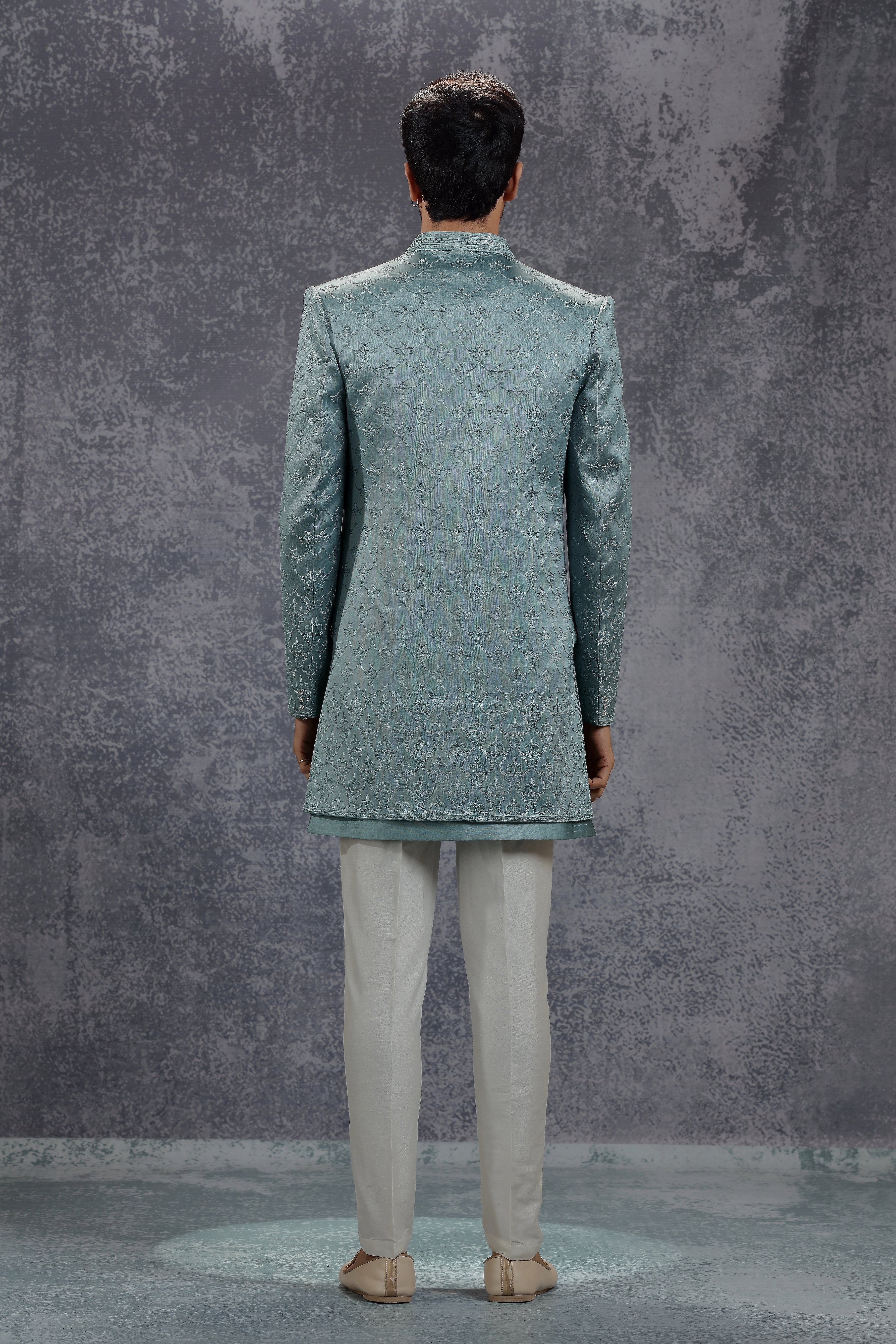 Sea Blue Silk Indowestern With Resham Embroidery - Shreeman
