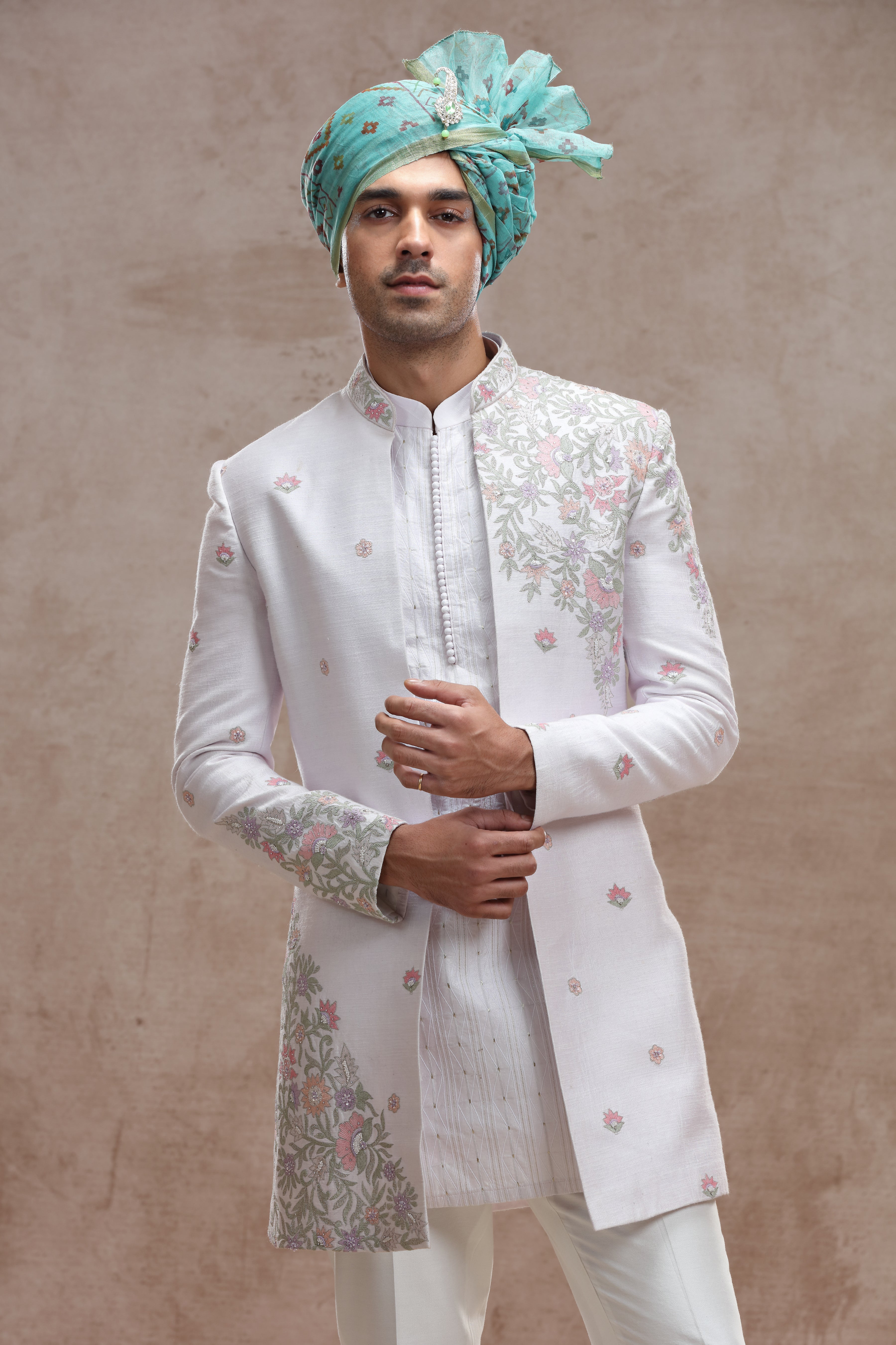 Ivory Raw Silk Indo Western with Floral Motif Thread Work