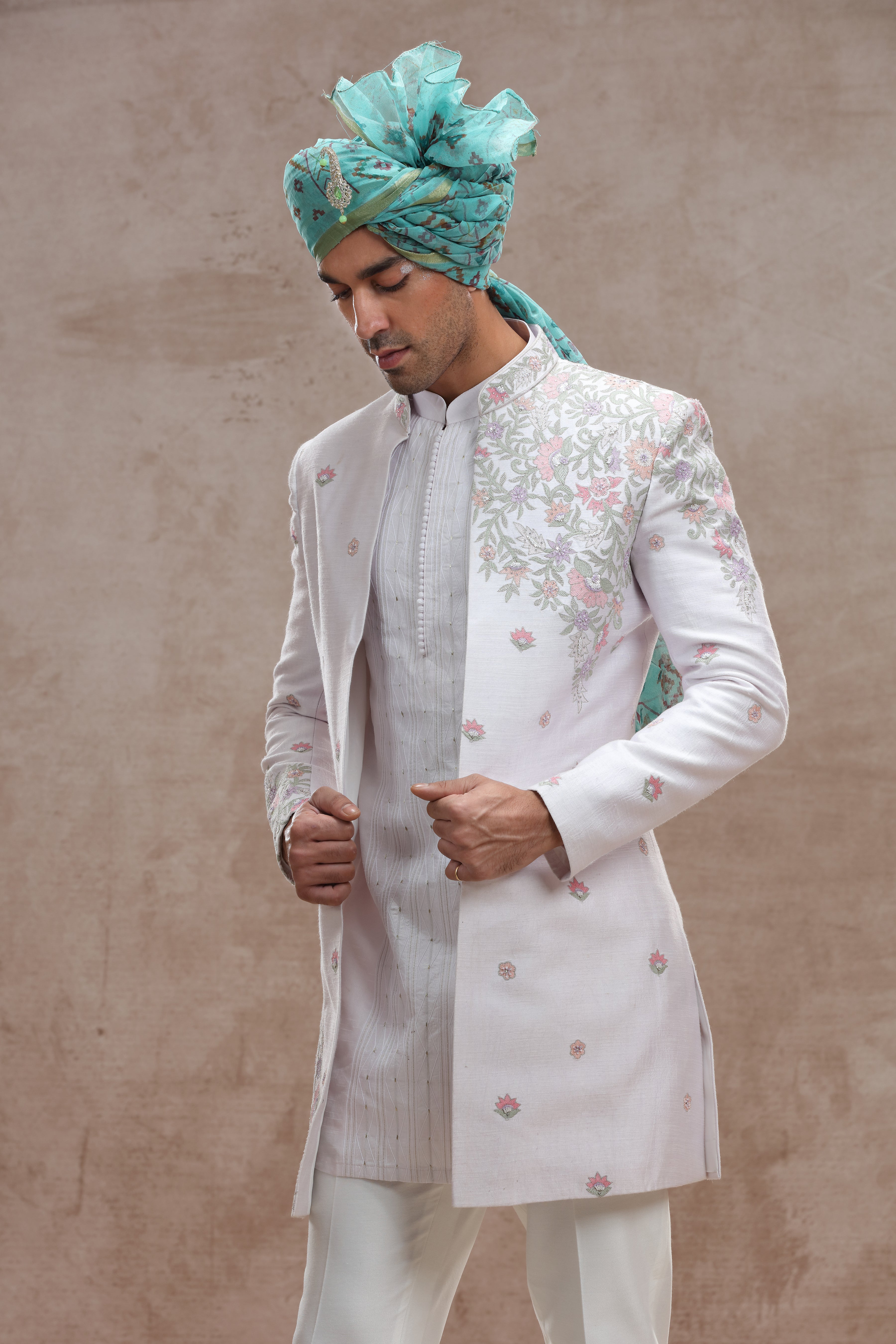 Ivory Raw Silk Indo Western with Floral Motif Thread Work