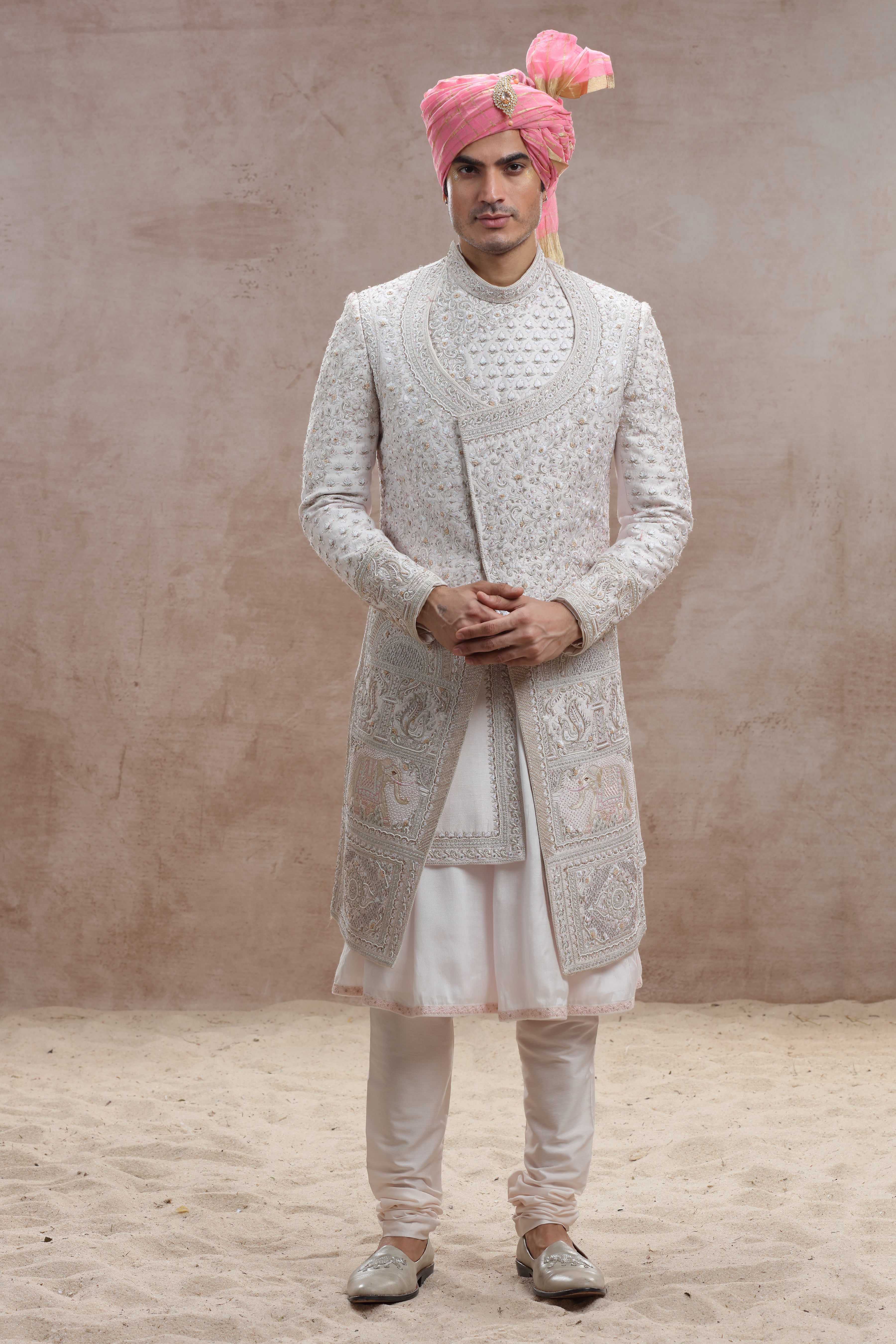 Ivory Raw Silk Sherwani with Thread and Bead Cutdana Work