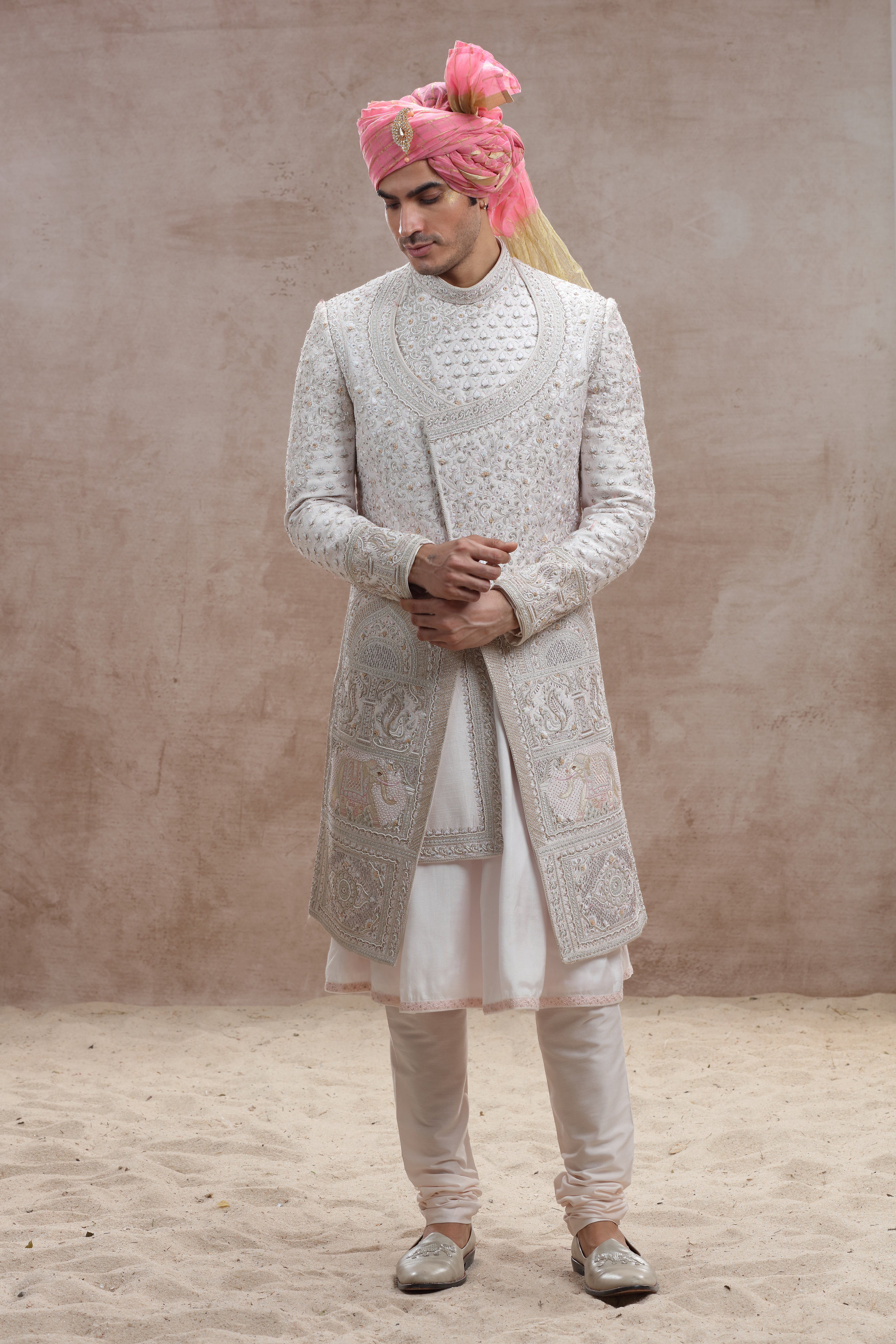 Ivory Raw Silk Sherwani with Thread and Bead Cutdana Work