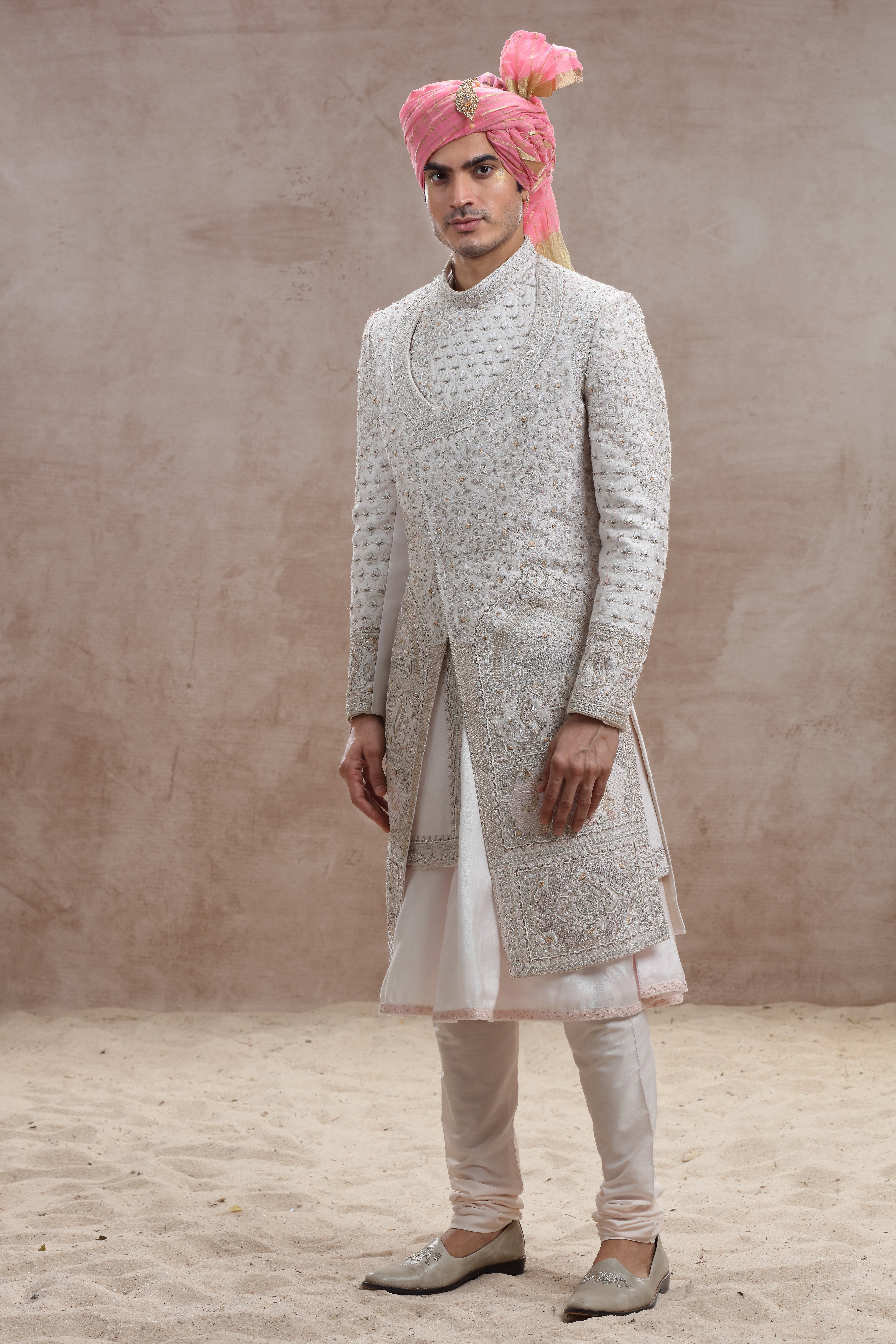 Ivory Raw Silk Sherwani with Thread and Bead Cutdana Work