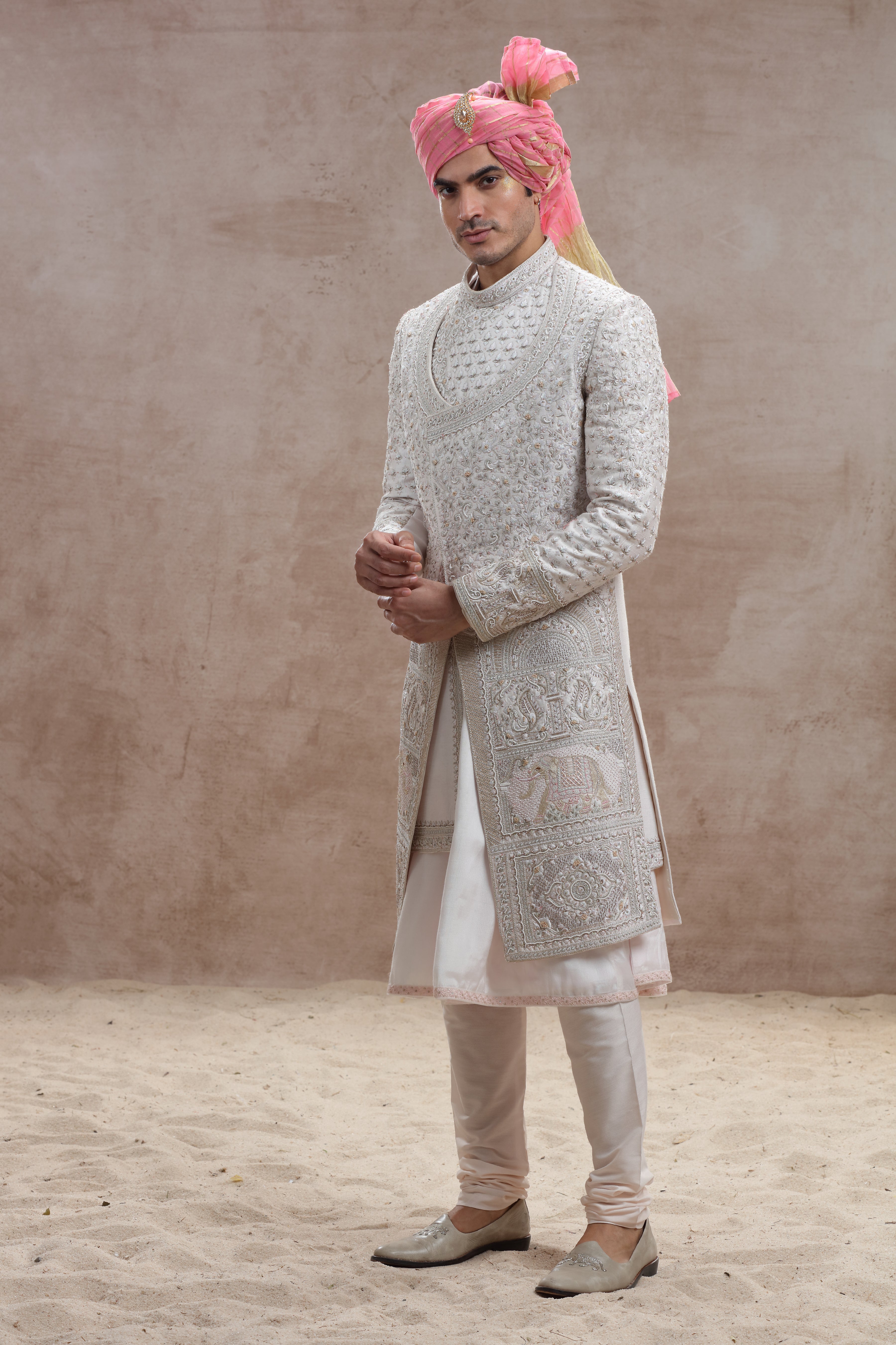 Ivory Raw Silk Sherwani with Thread and Bead Cutdana Work