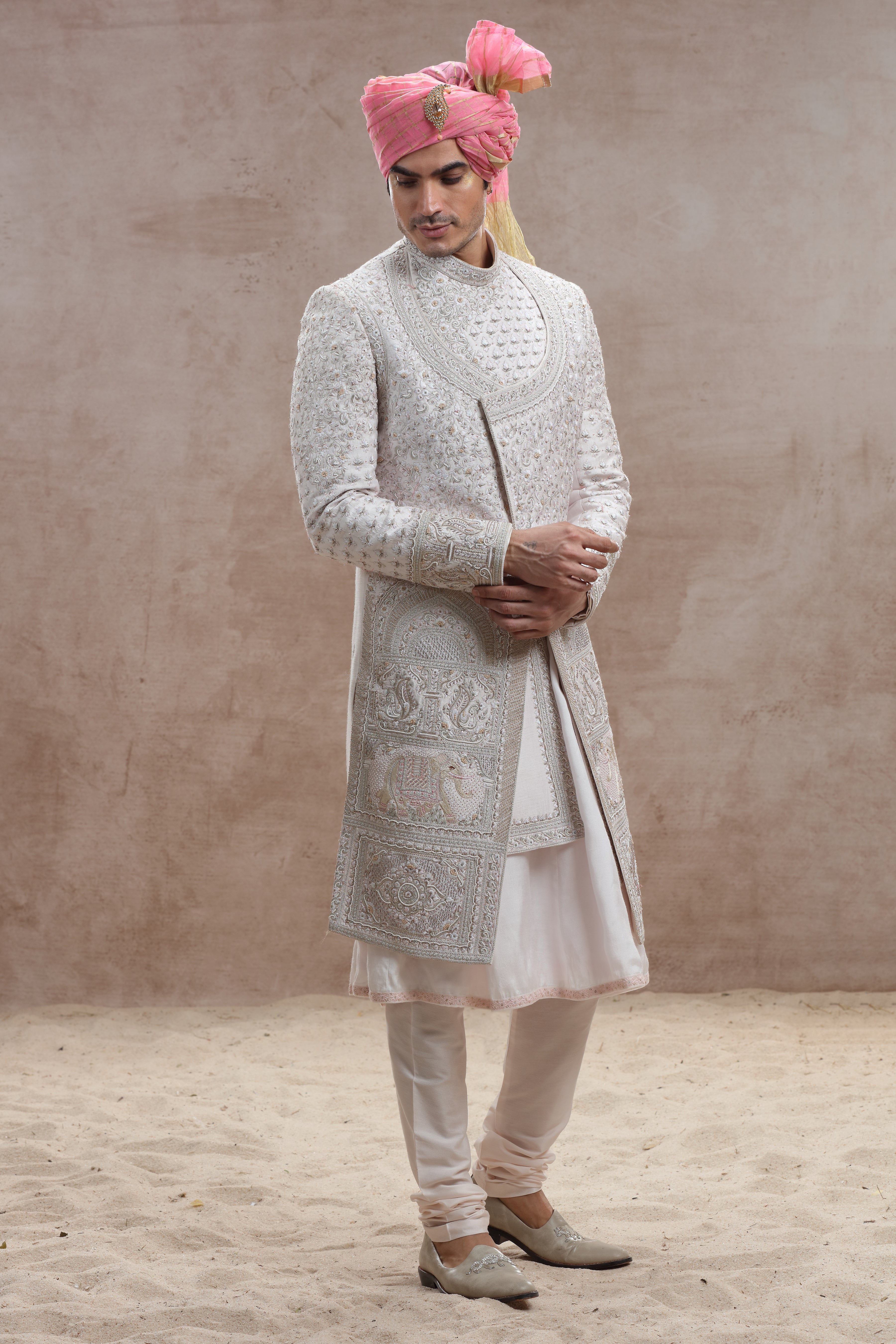 Ivory Raw Silk Sherwani with Thread and Bead Cutdana Work