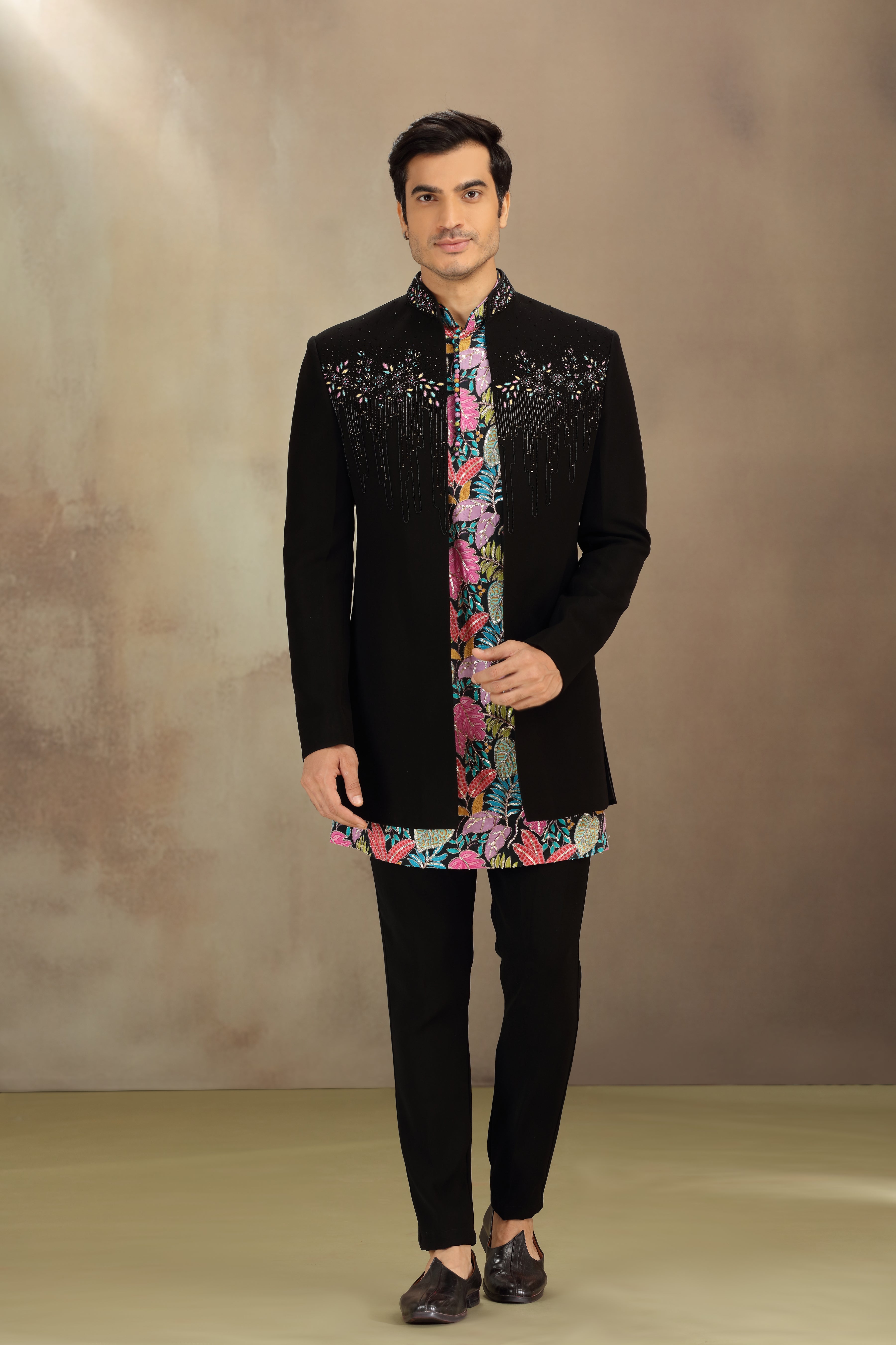 Black Suiting Indo Western with Resham, Beads & Zardosi Work
