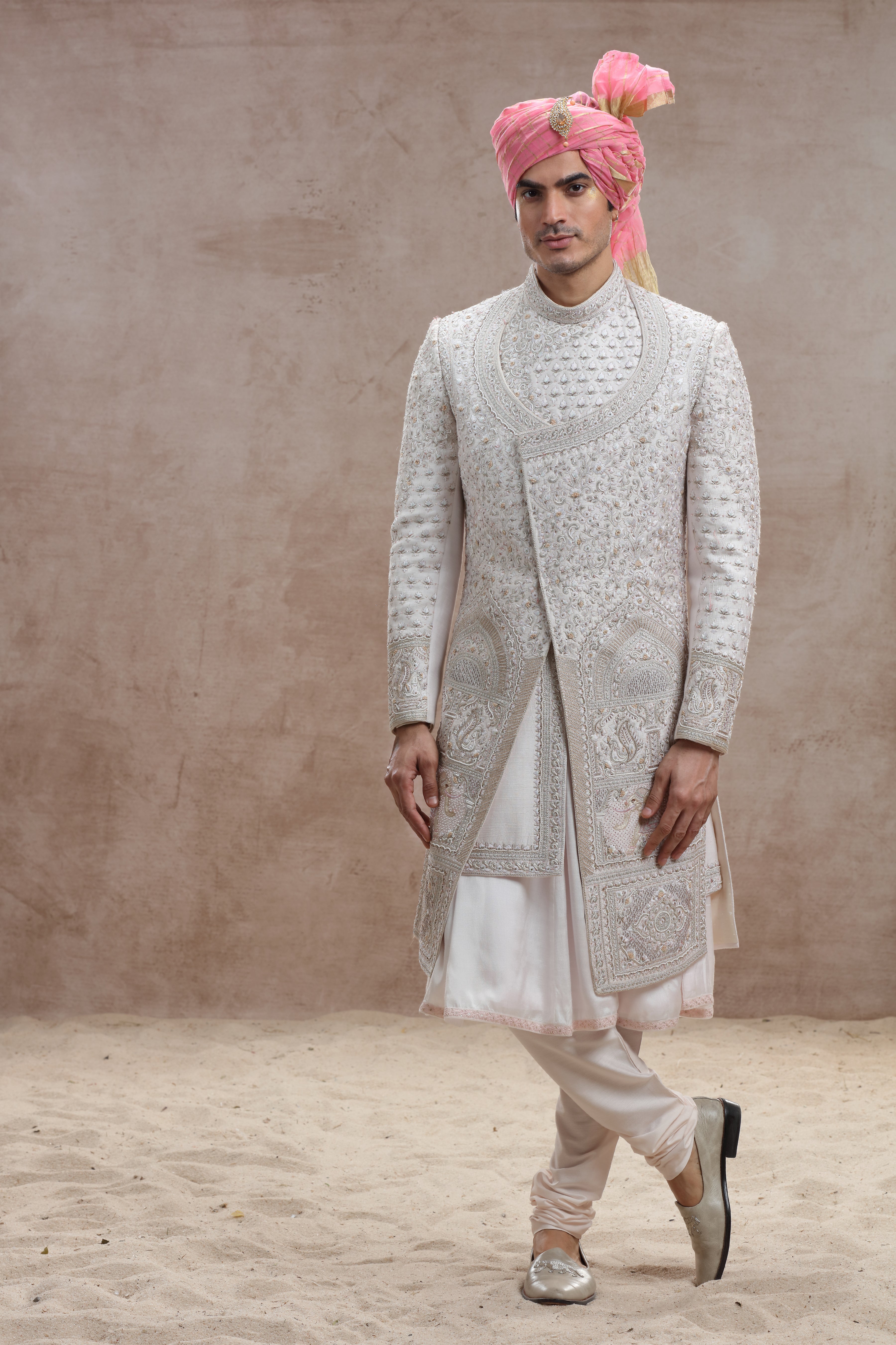 Ivory Raw Silk Sherwani with Thread and Bead Cutdana Work