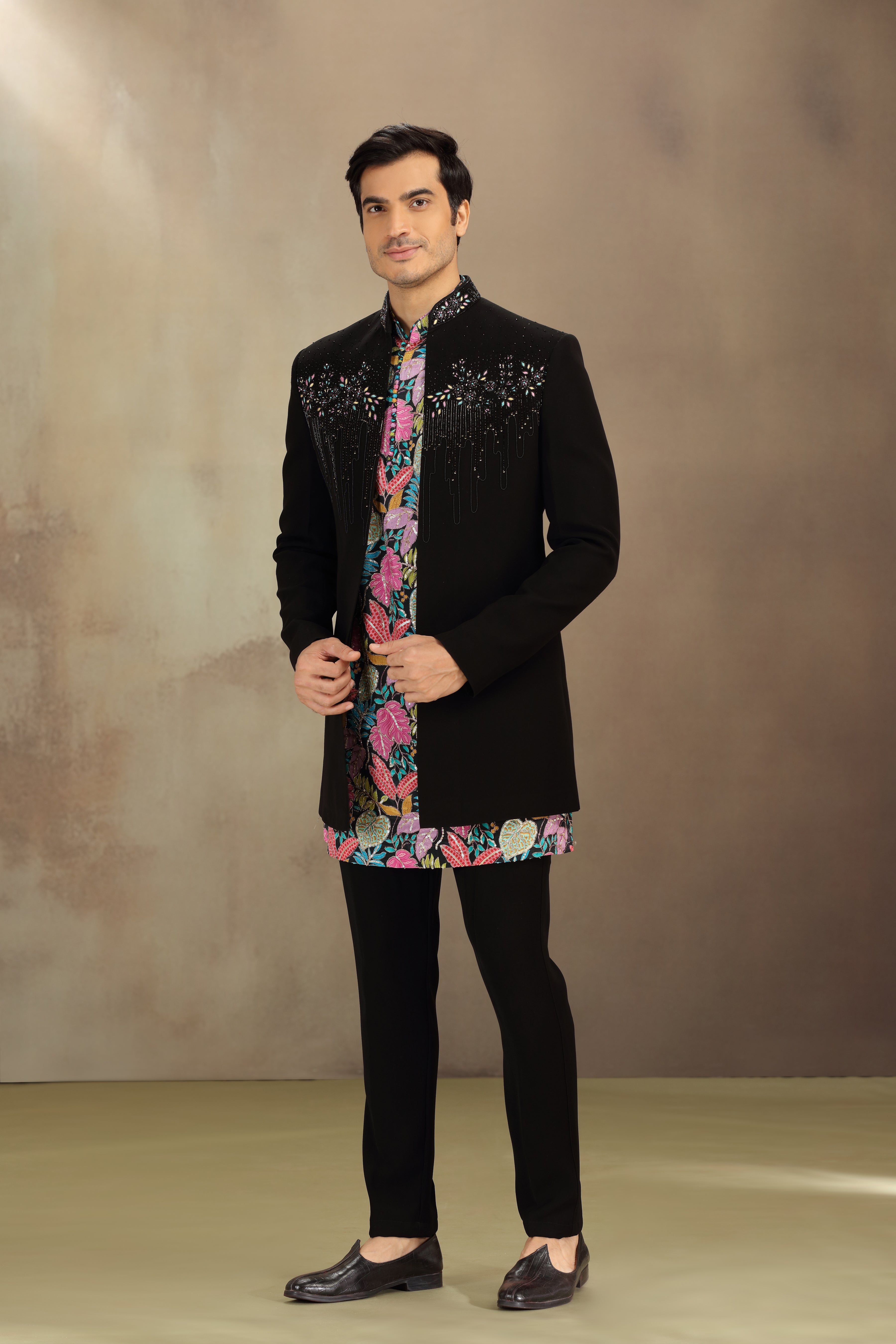 Black Suiting Indo Western with Resham, Beads & Zardosi Work