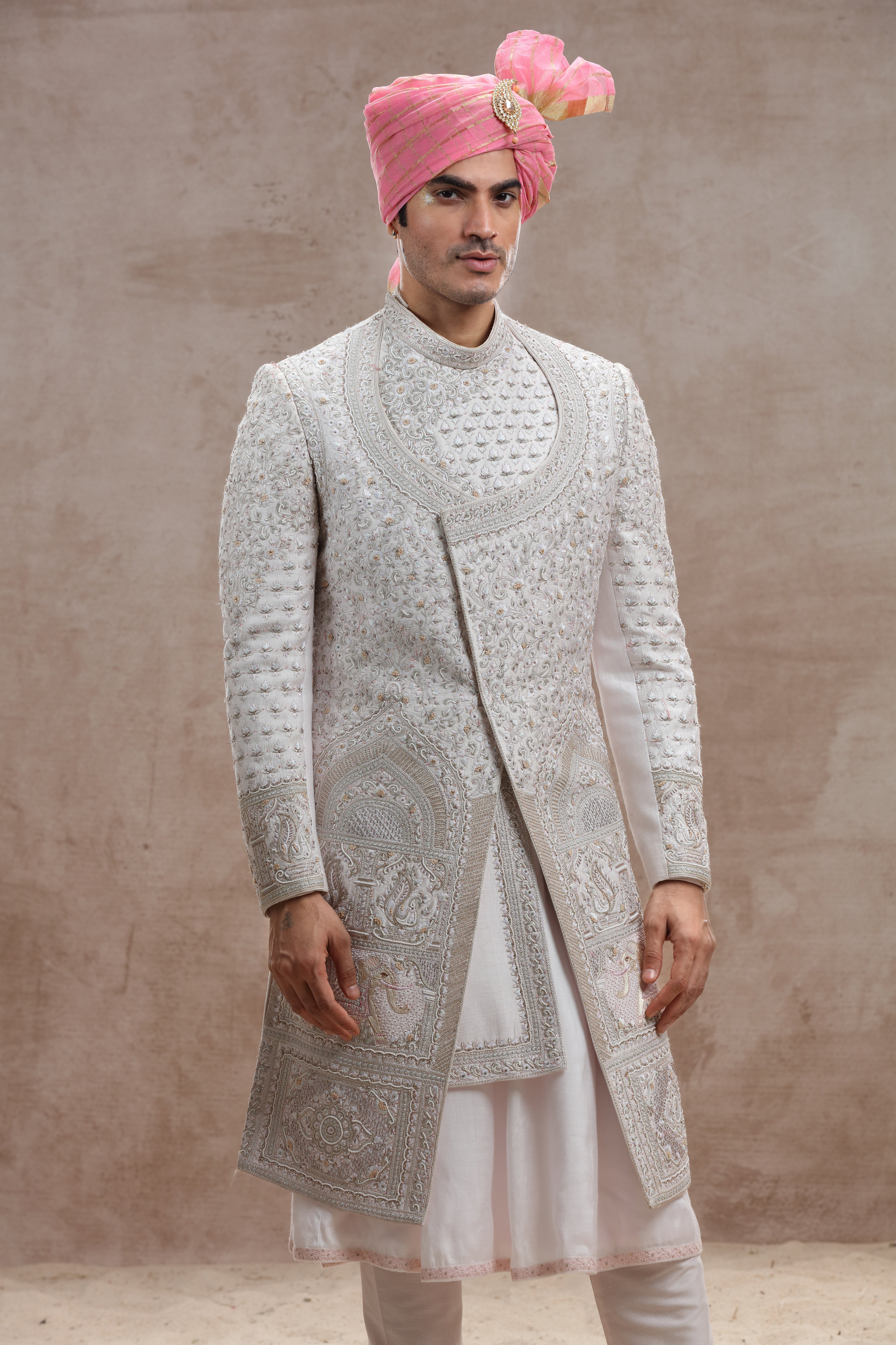 Ivory Raw Silk Sherwani with Thread and Bead Cutdana Work