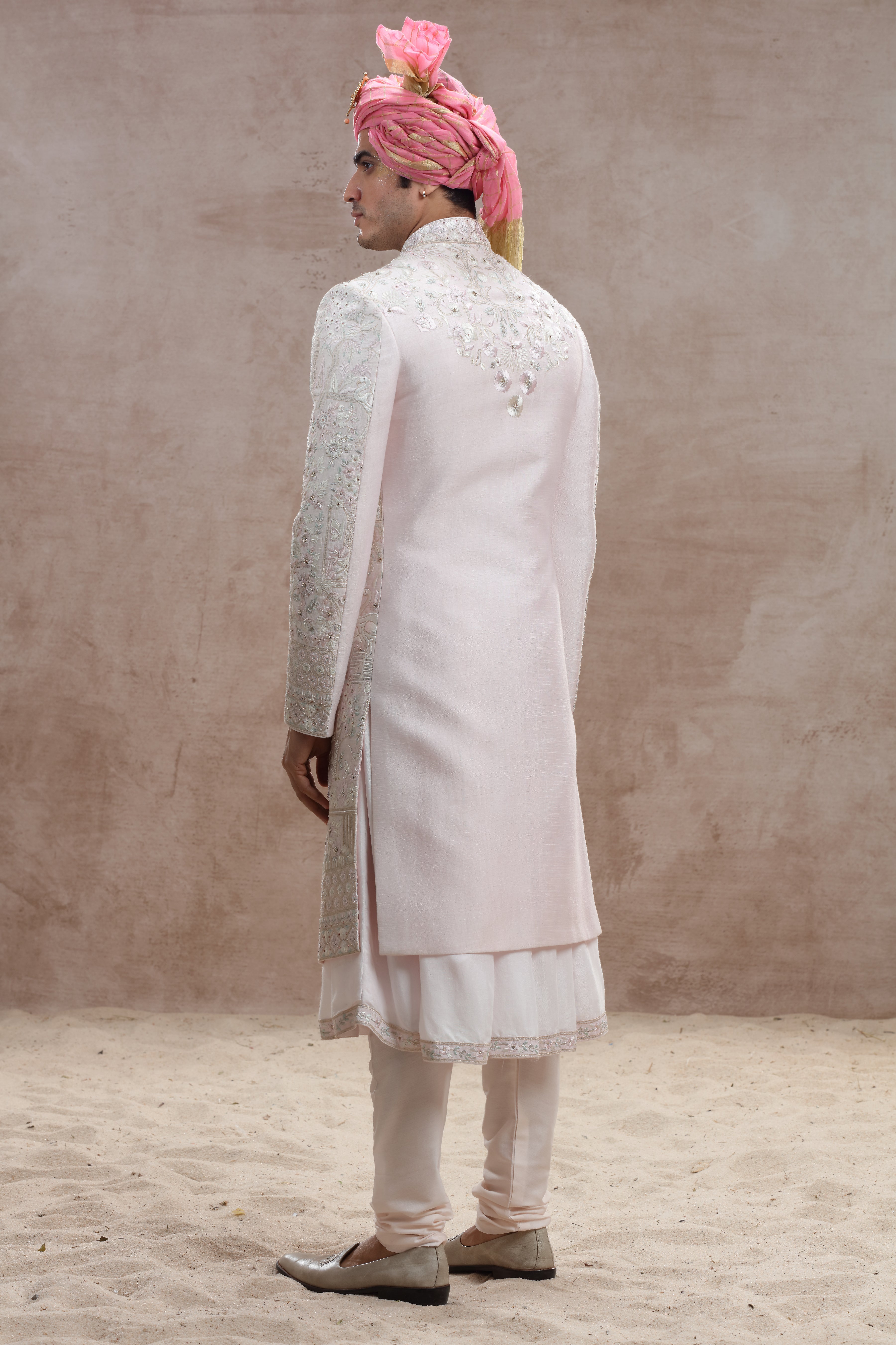 Blush Pink Silk Sherwani with Floral Motif Thread Work