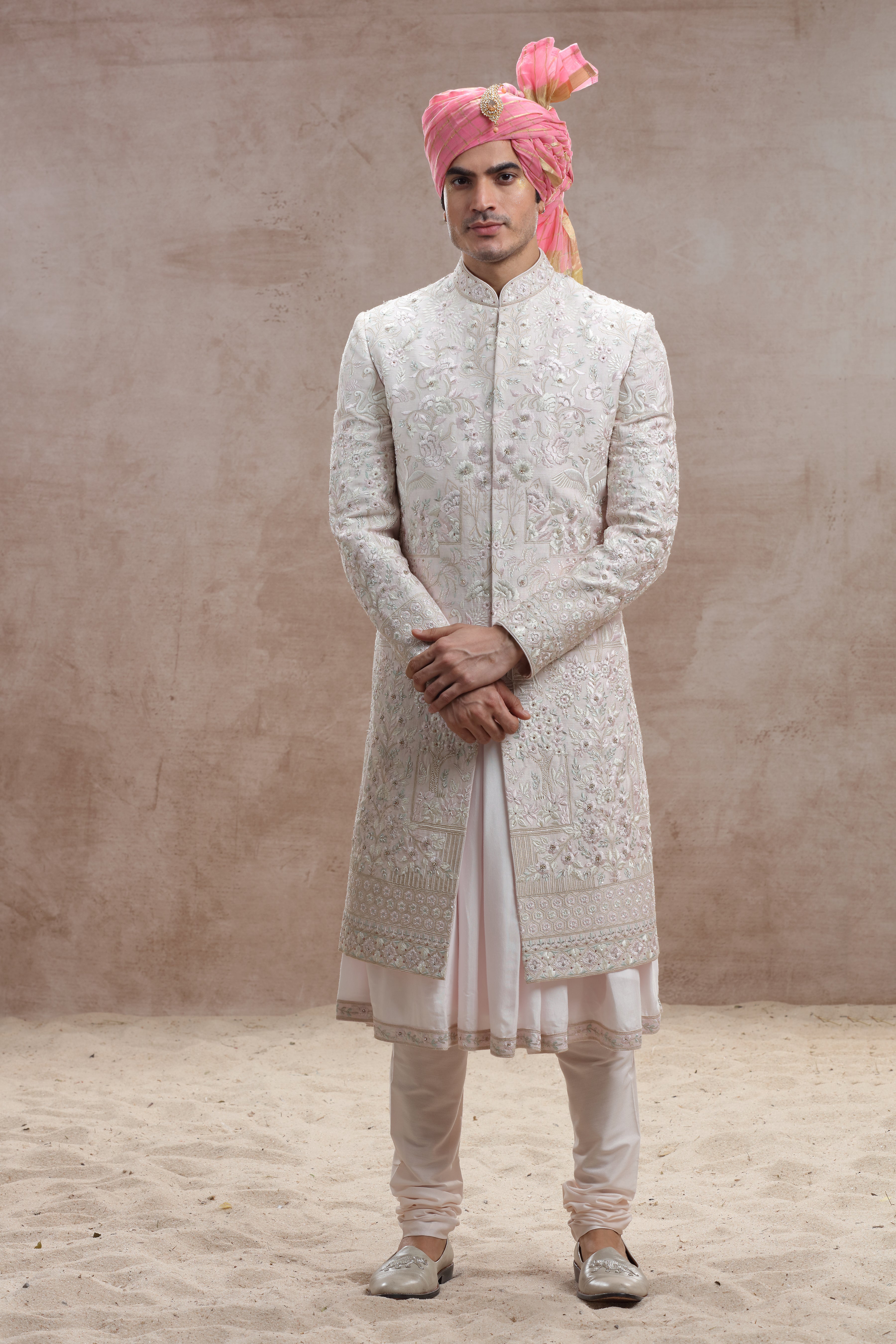 Buy Blush Pink Silk Sherwani with Floral Motif Thread Work Shreeman
