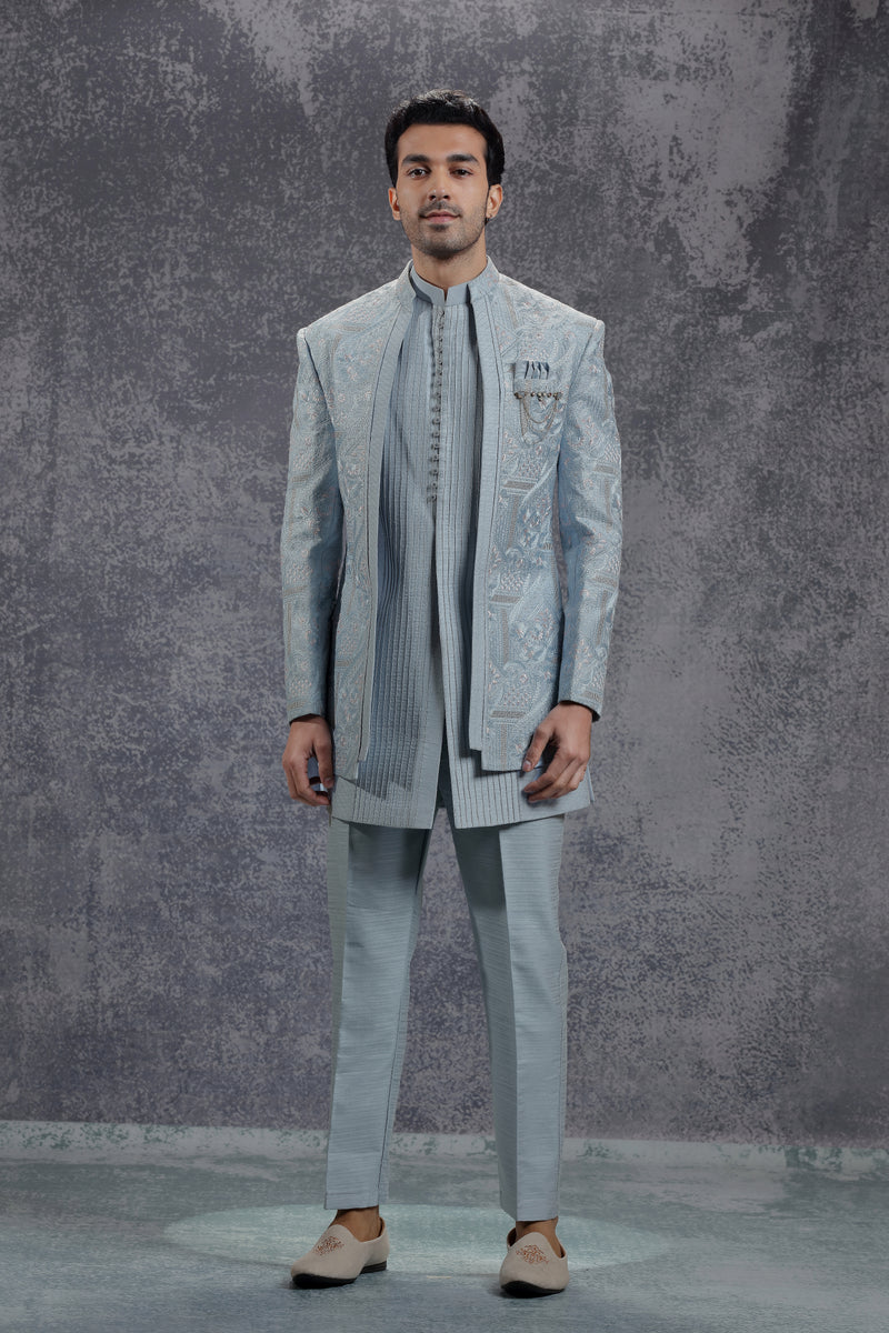 Ice Blue Silk Indowestern With Resham & Sequin Work