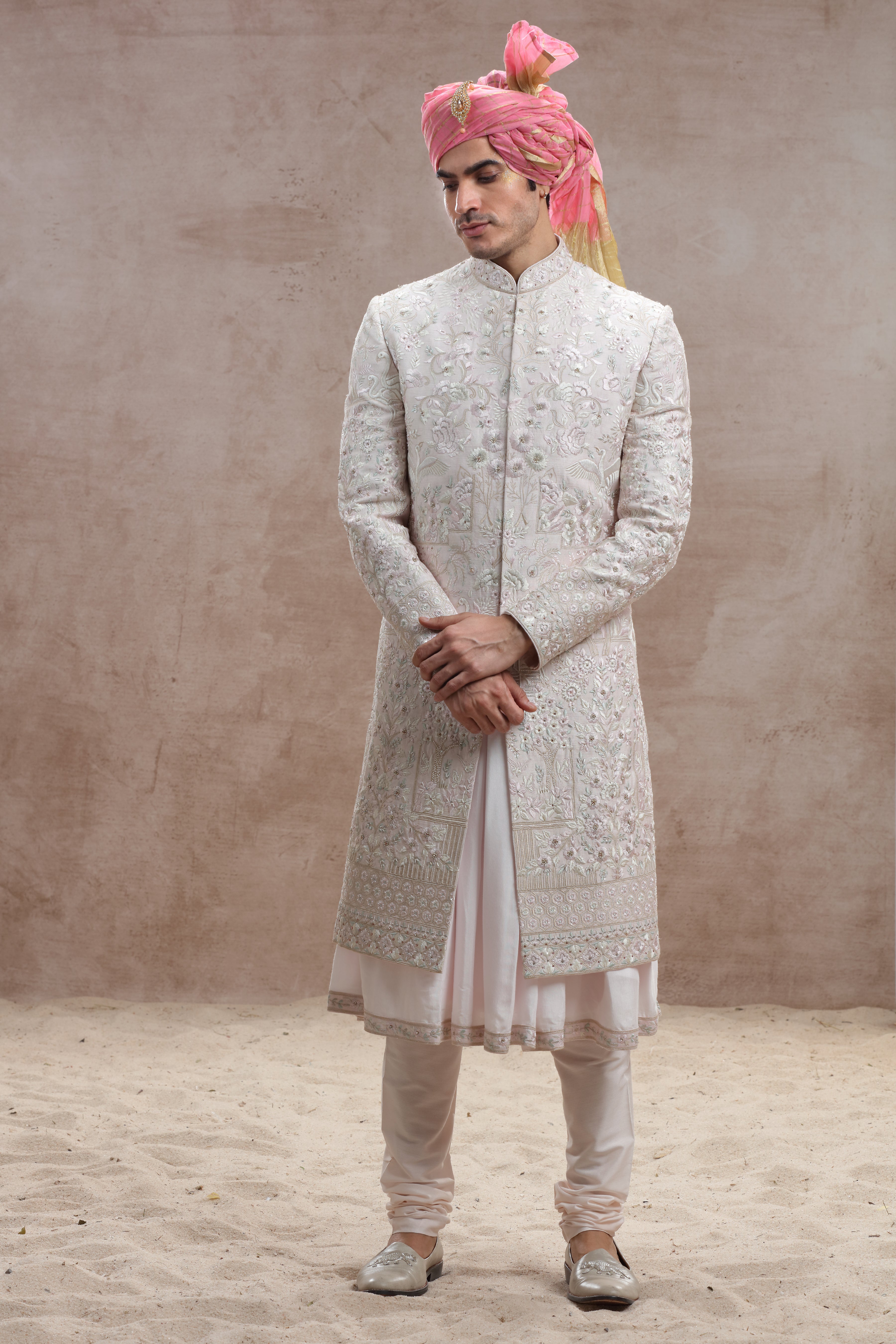 Blush Pink Silk Sherwani with Floral Motif Thread Work