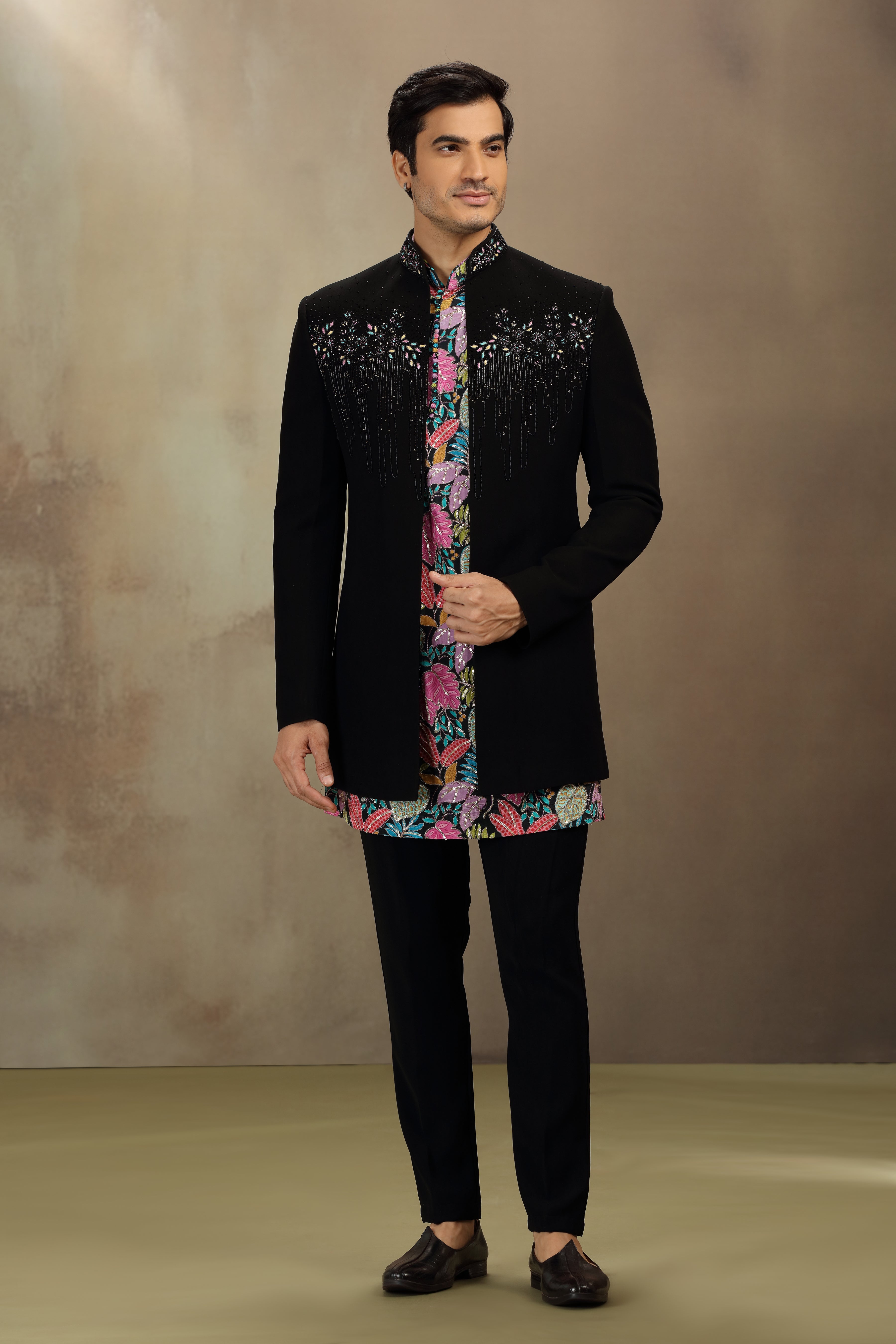 Black Suiting Indo Western with Resham, Beads & Zardosi Work