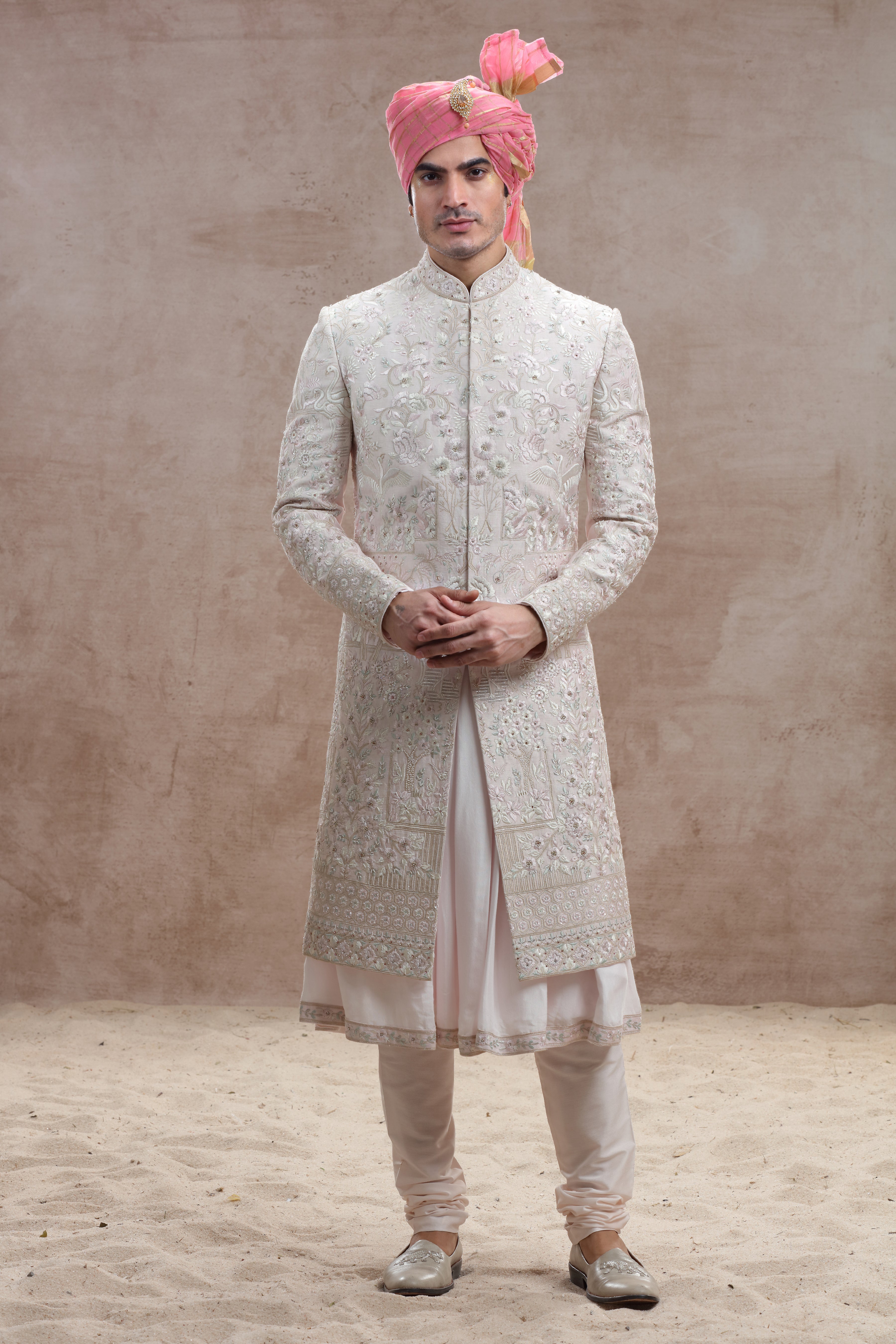 Blush Pink Silk Sherwani with Floral Motif Thread Work