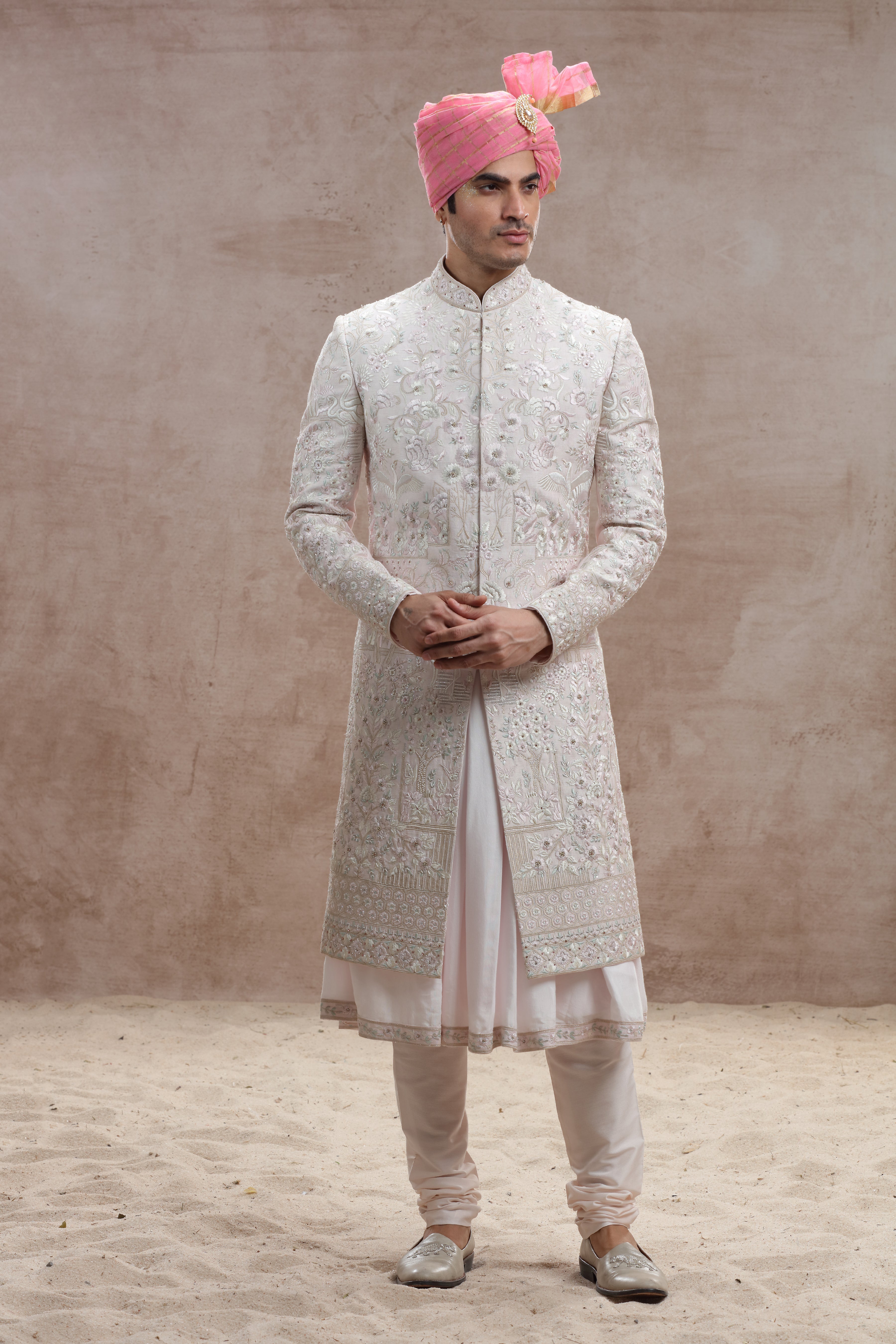 Blush Pink Silk Sherwani with Floral Motif Thread Work