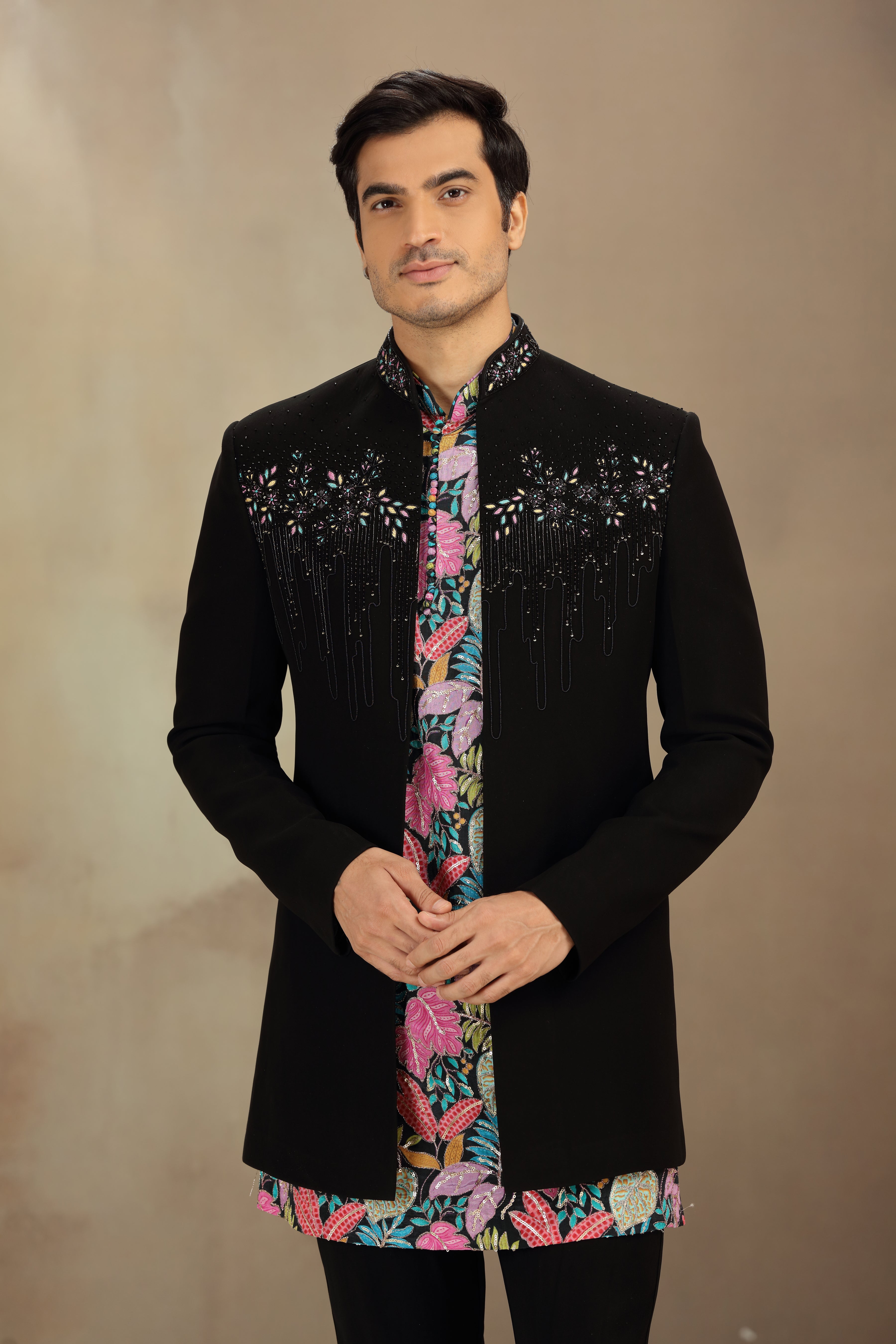 Black Suiting Indo Western with Resham, Beads & Zardosi Work