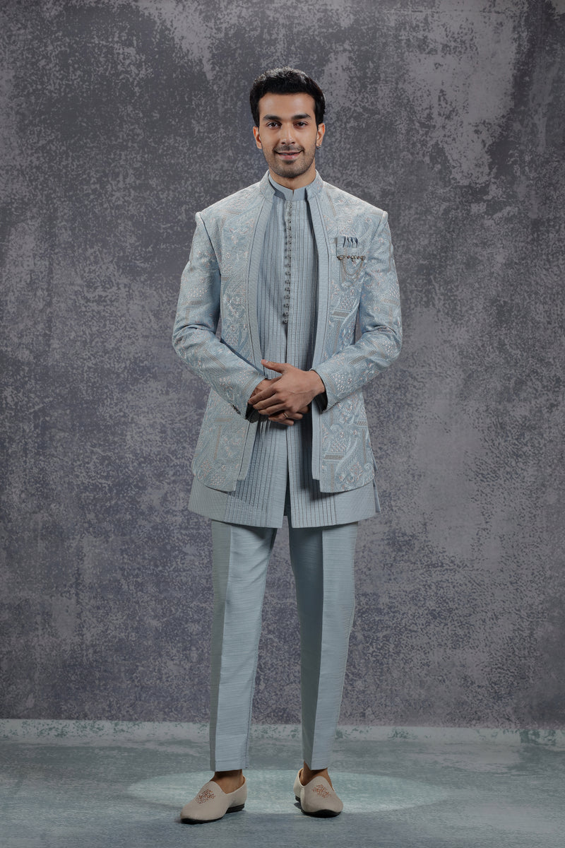 Ice Blue Silk Indowestern With Resham & Sequin Work