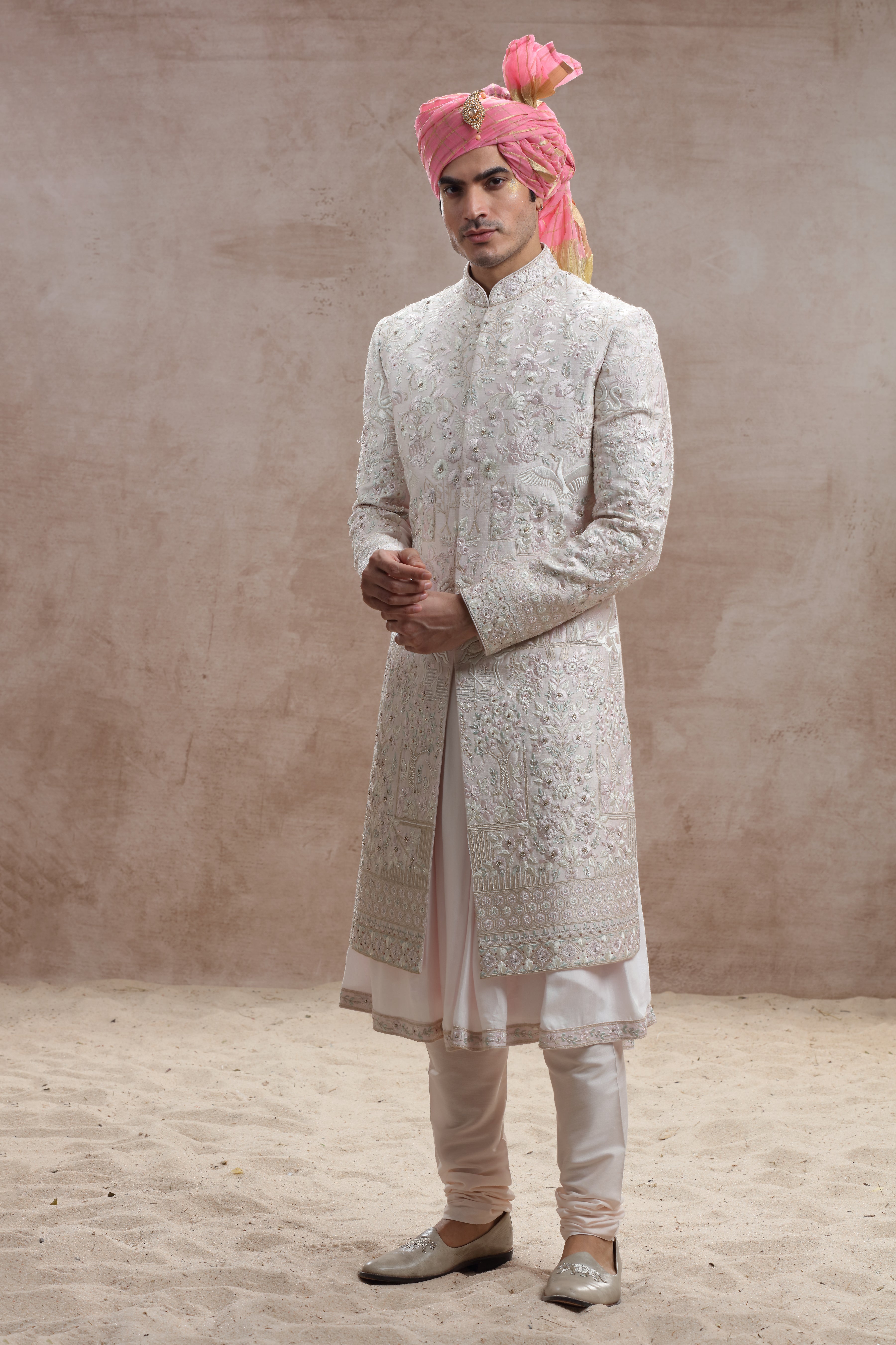 Blush Pink Silk Sherwani with Floral Motif Thread Work