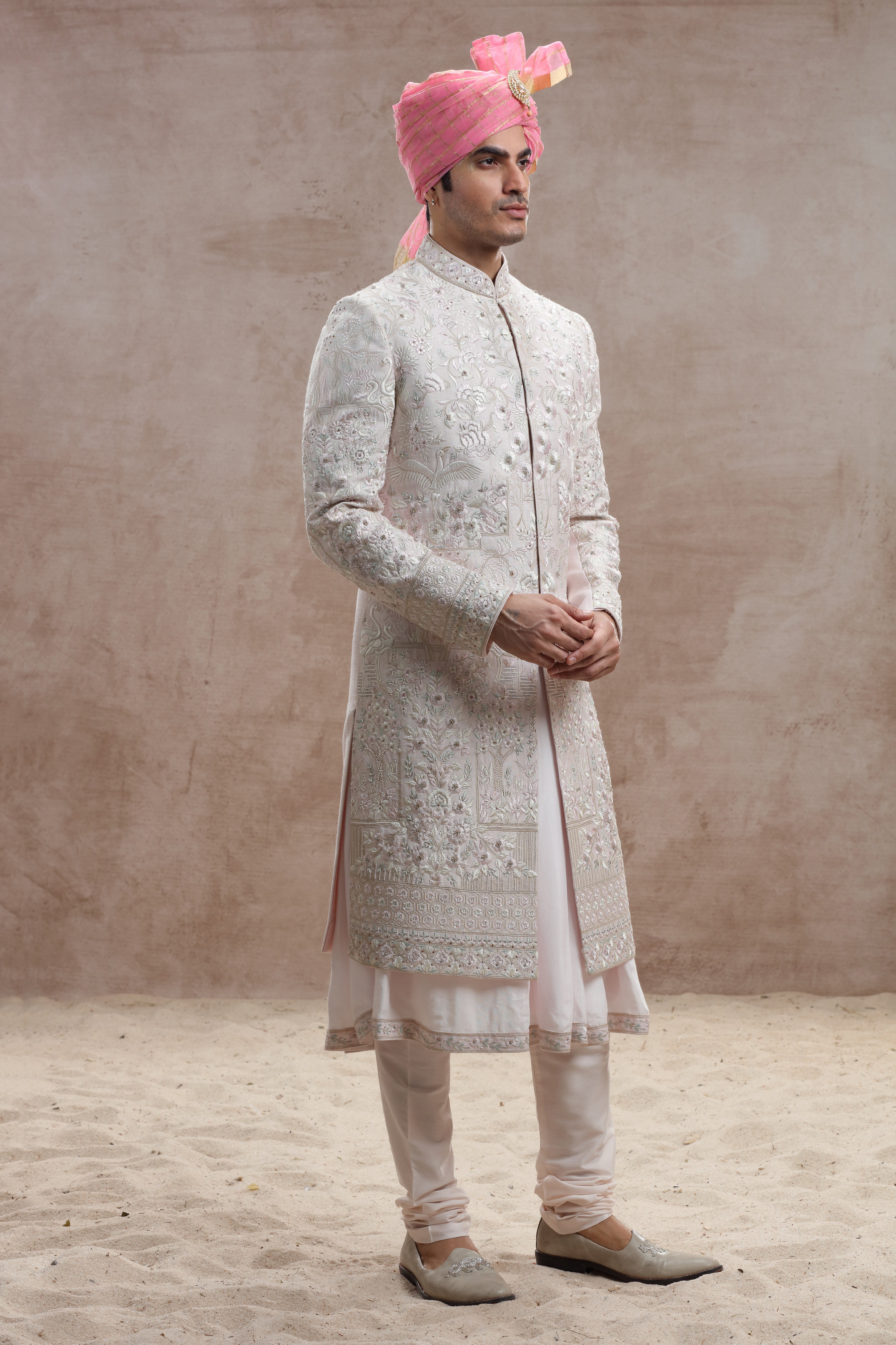 Blush Pink Silk Sherwani with Floral Motif Thread Work