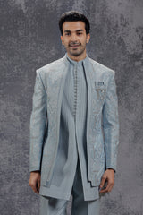 Ice Blue Silk Indowestern With Resham & Sequin Work