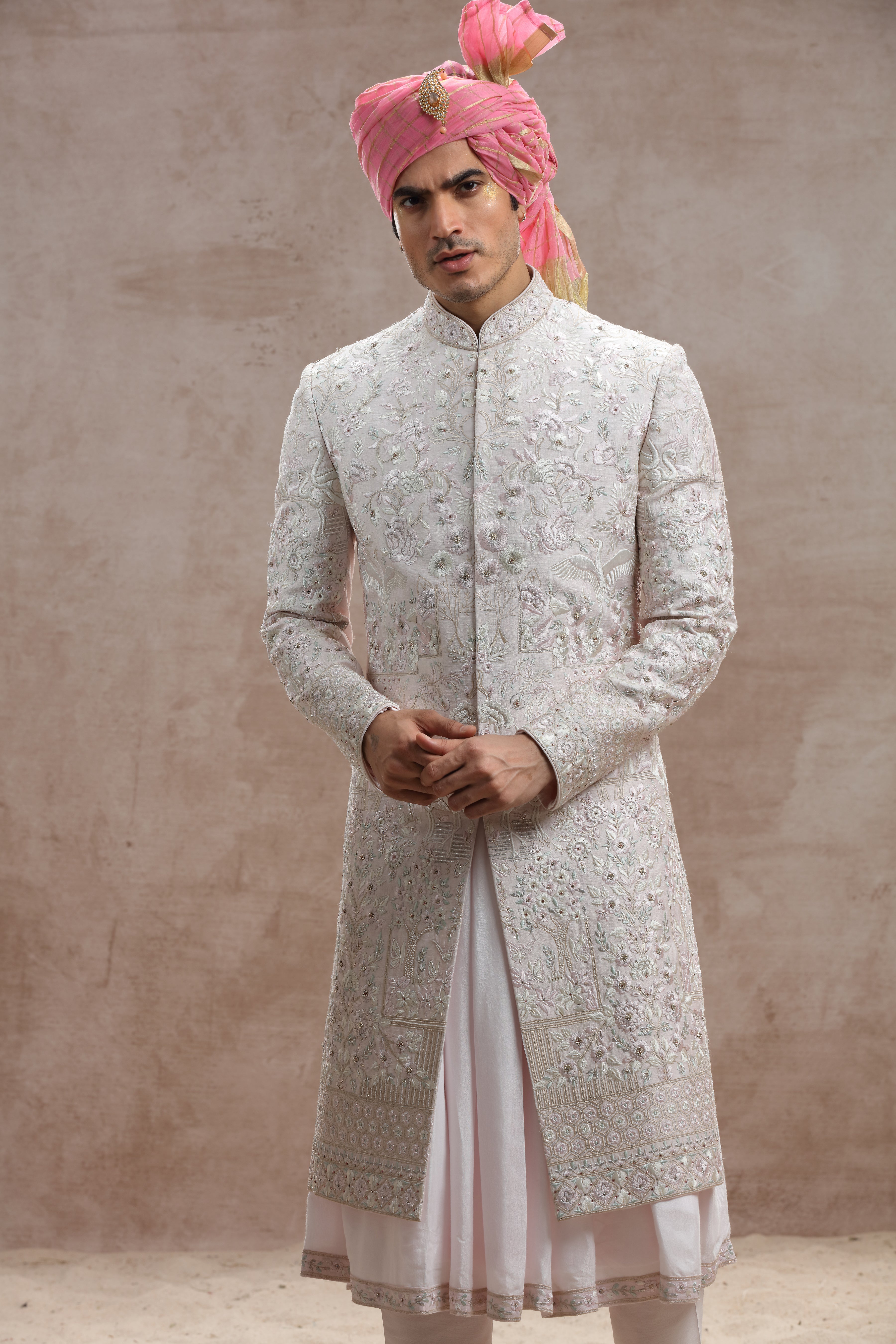 Blush Pink Silk Sherwani with Floral Motif Thread Work