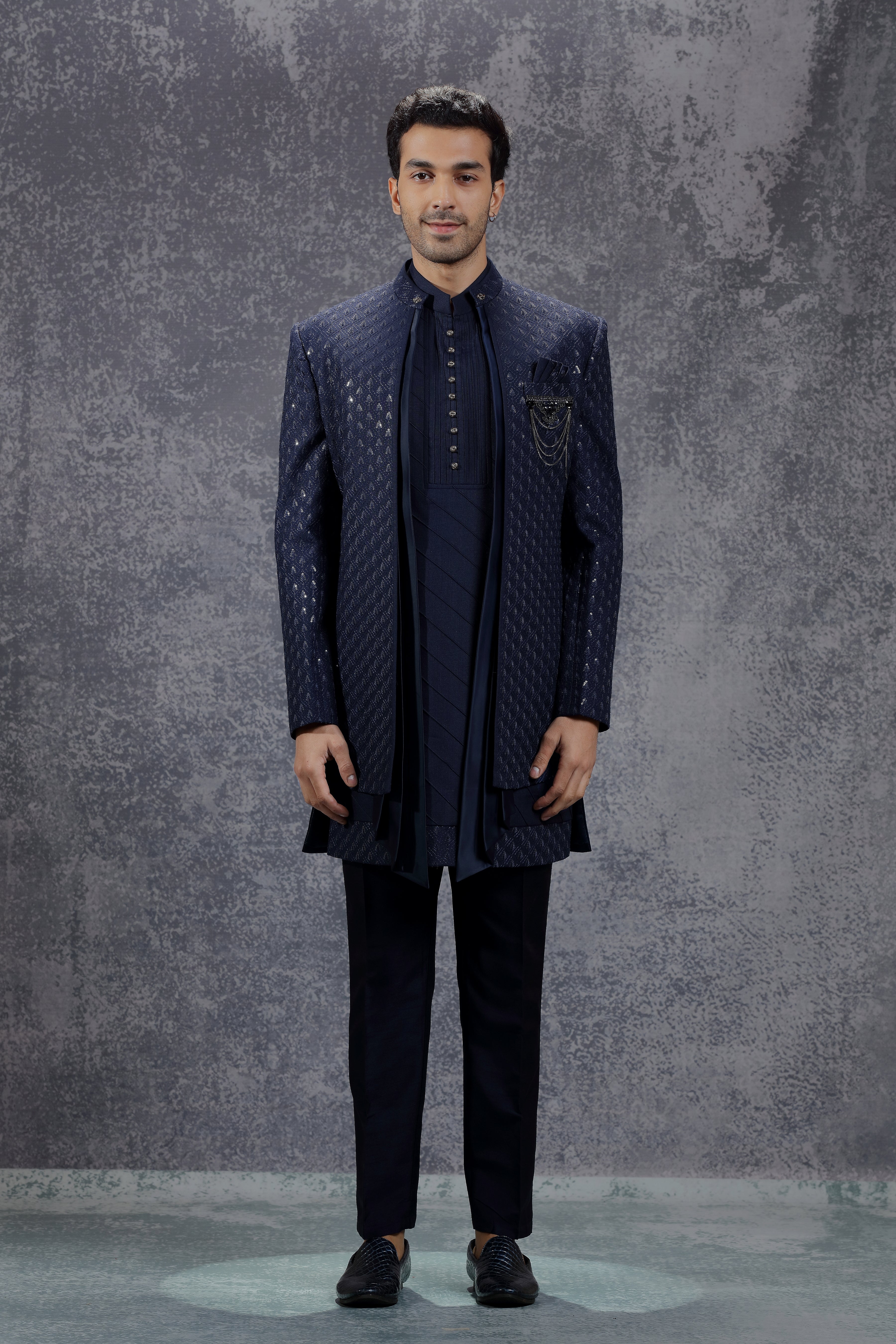 Dark Blue Silk Indowestern With Resham Embroidery - Shreeman