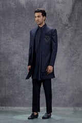 Dark Blue Silk Indowestern With Resham Embroidery