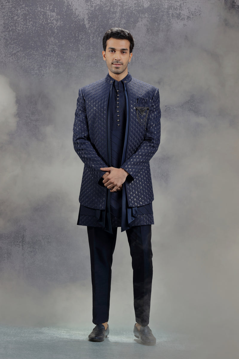 Dark Blue Silk Indowestern With Resham Embroidery