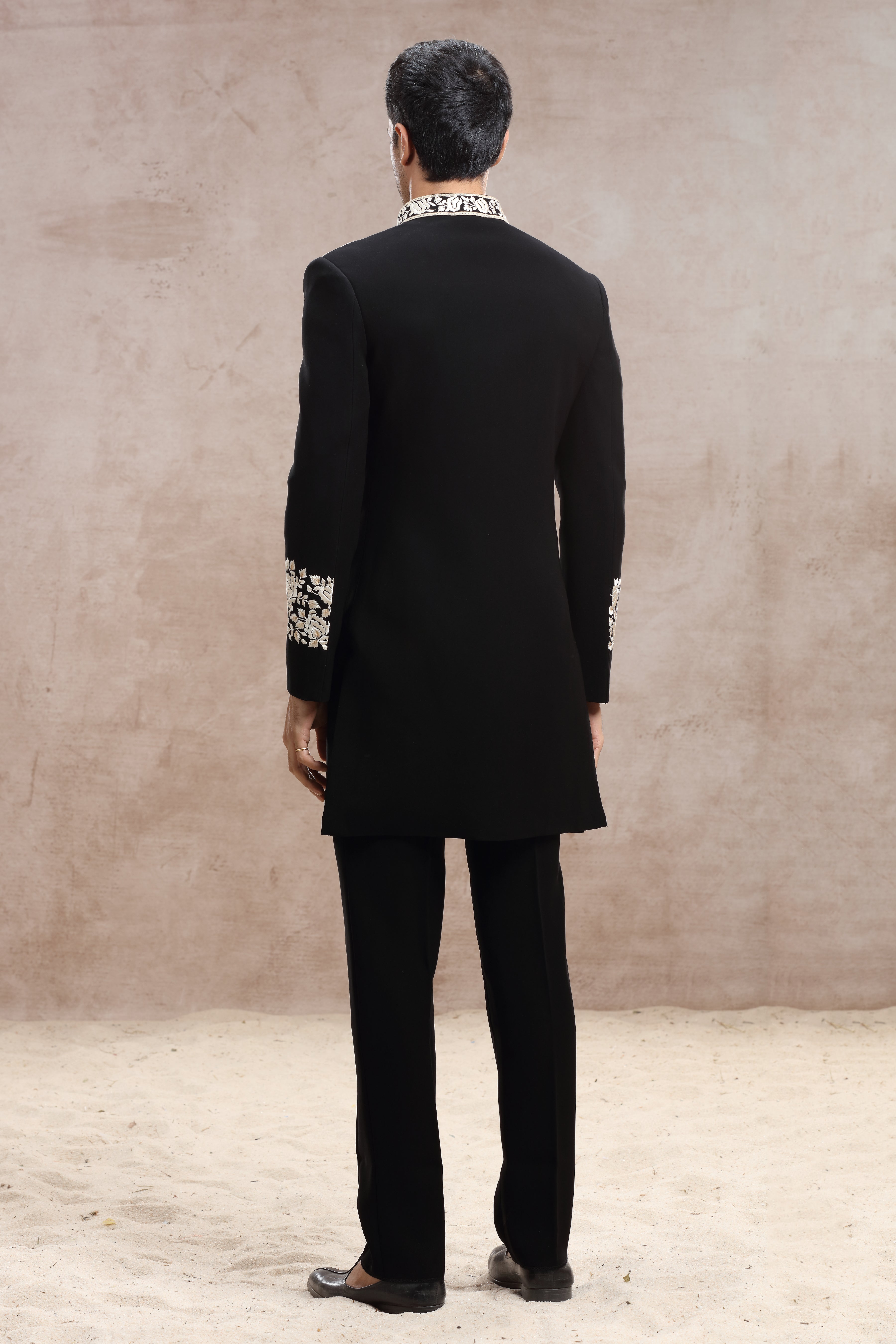 Black Silk Sherwani with Elegant Thread Work