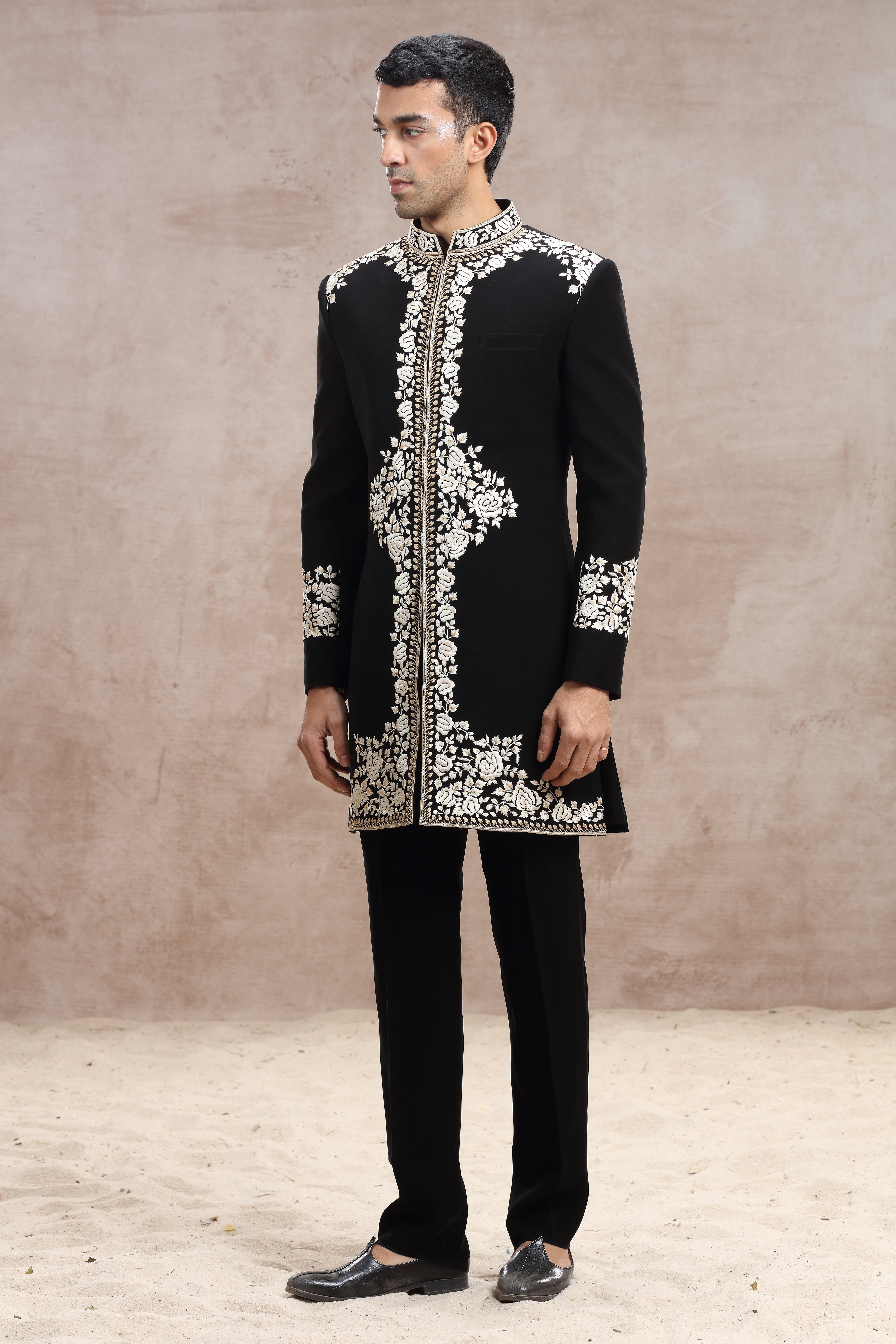 Black Silk Sherwani with Elegant Thread Work