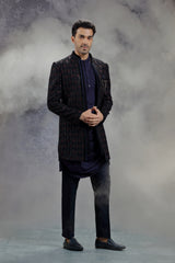 Dark Blue Silk Indowestern With Floral Embroidery