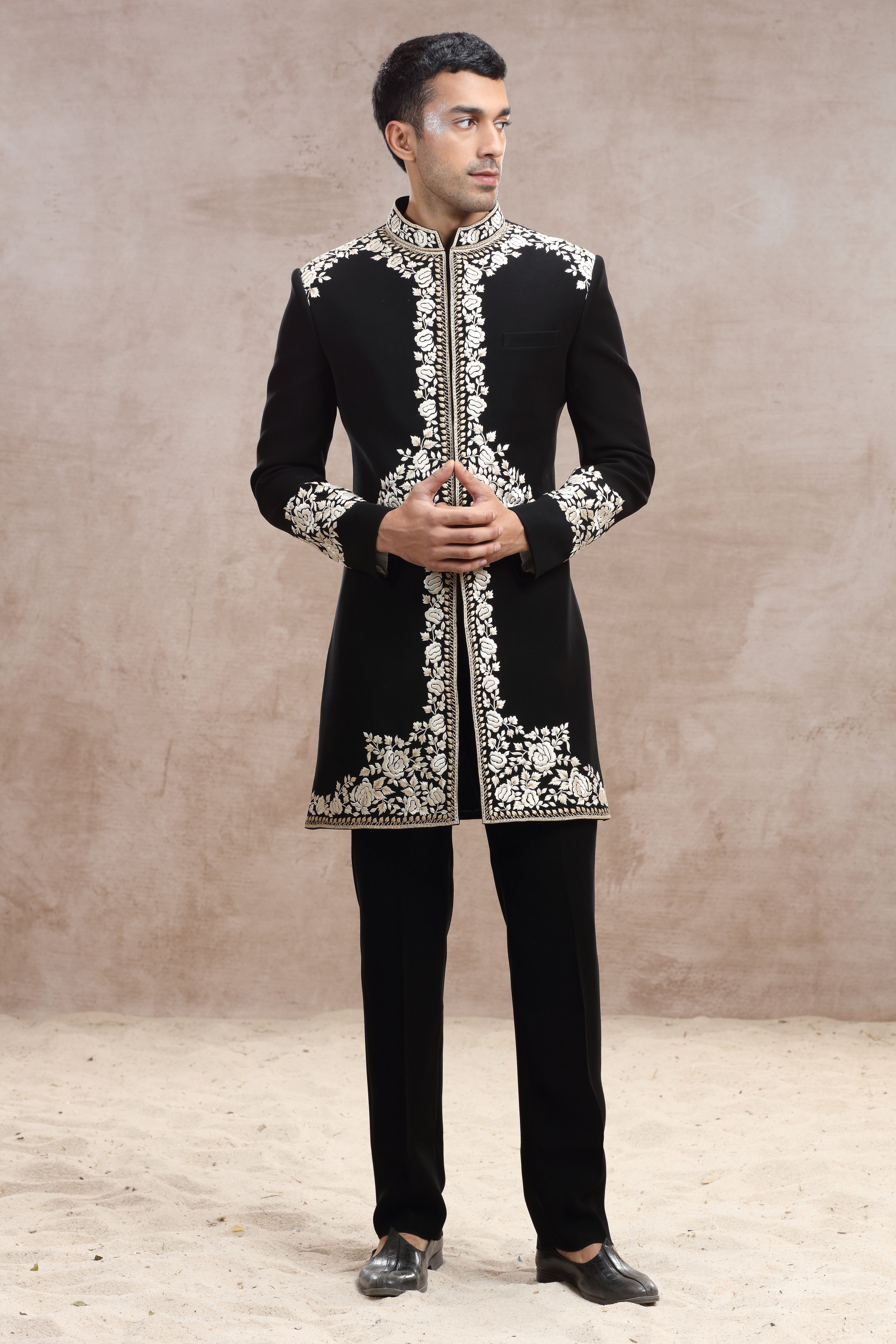 Black Silk Sherwani with Elegant Thread Work