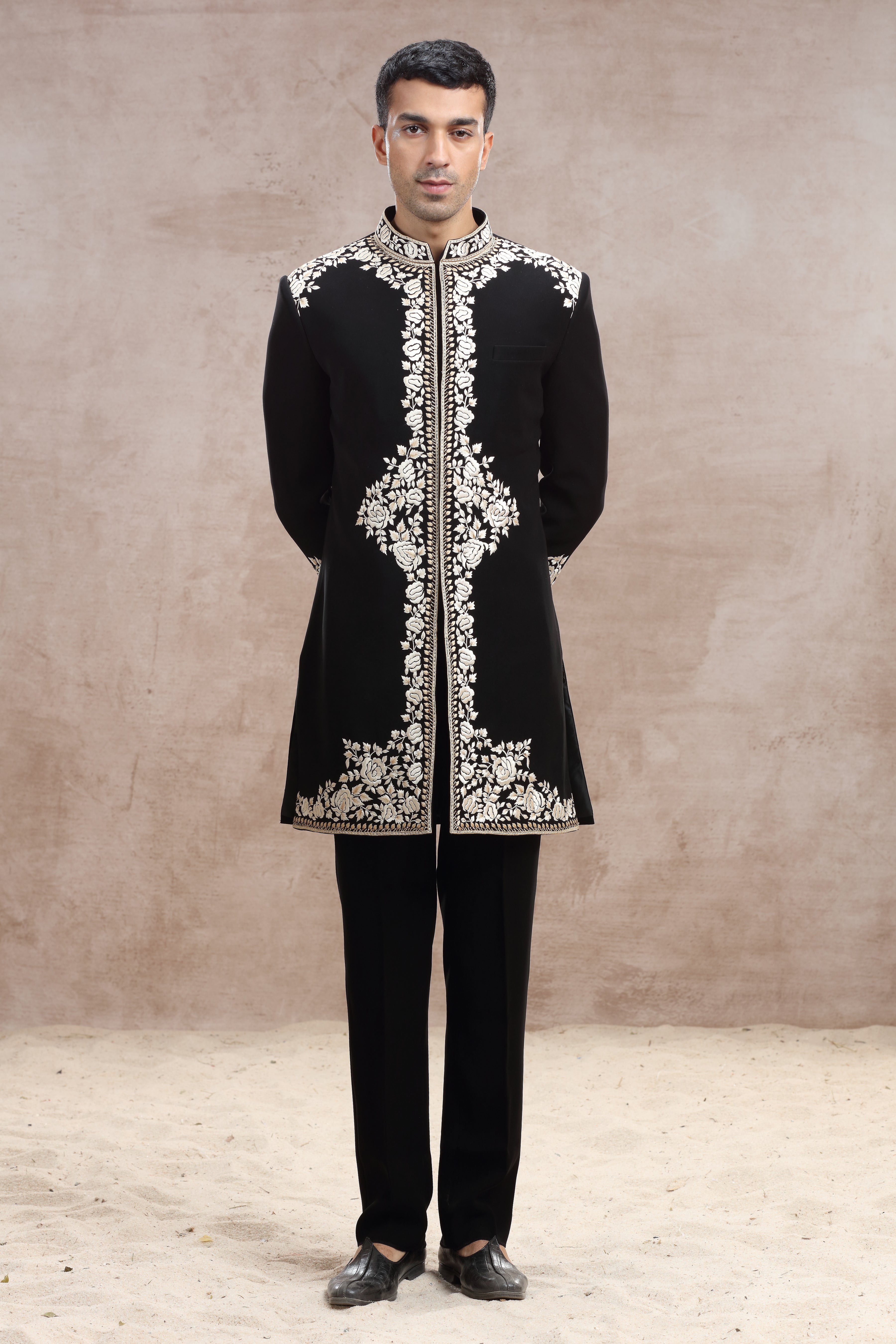 Black Silk Sherwani with Elegant Thread Work