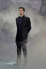 Dark Blue Silk Indowestern With Floral Embroidery
