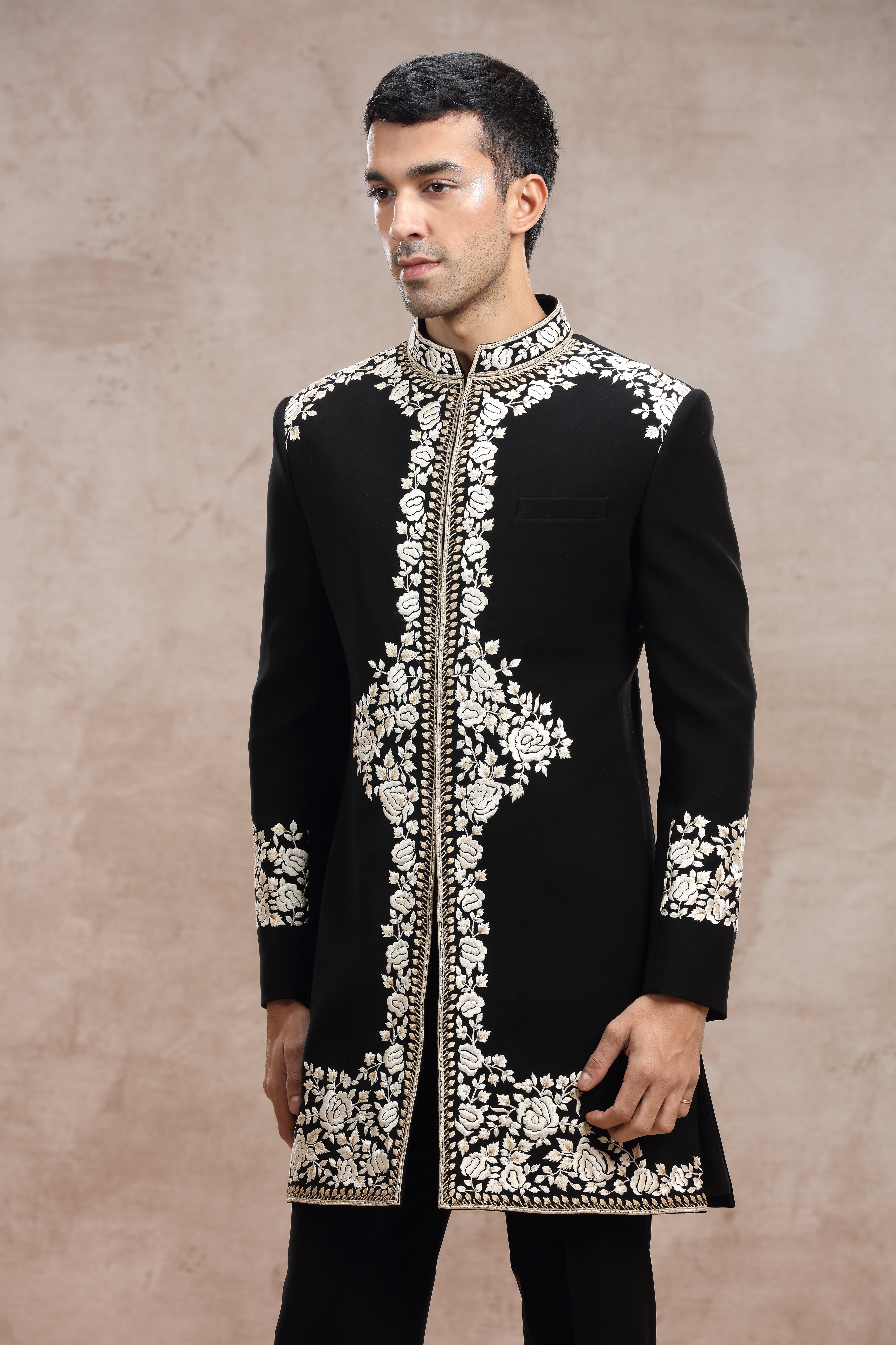 Black Silk Sherwani with Elegant Thread Work