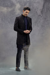 Dark Blue Silk Indowestern With Floral Embroidery
